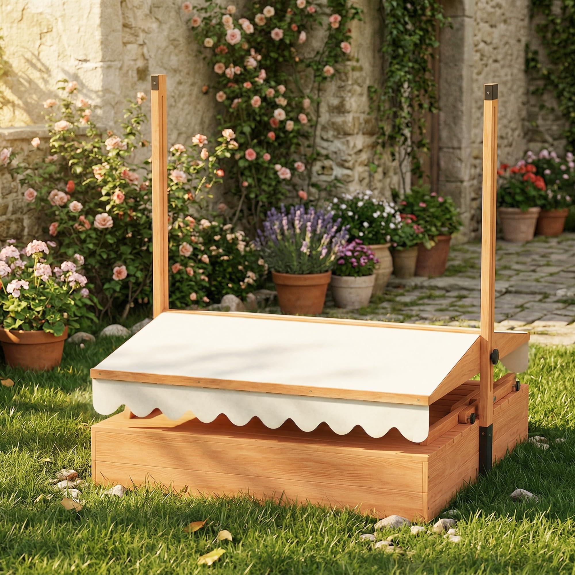AIYAPLAY Arenero para Niños de Madera con Toldo Ajustable, Mesa Plegable de Picnic con Banco, Cubierta, 184x110x120 cm, Marrón