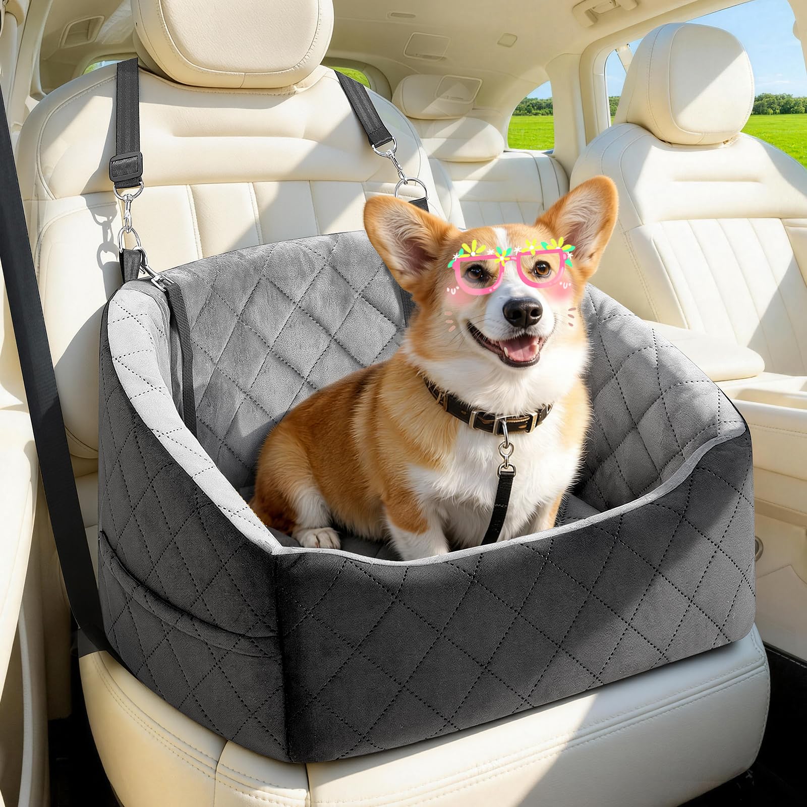 Dog Car Seat for Small Dogs Up to 30 Lbs, Pet Travel Safety Bed for Puppy Cat, Fits in Front/Back Seat, Anti Slip Base, Fully Detachable Washable with 2 Safety Tether(Grey-Black) - image 7