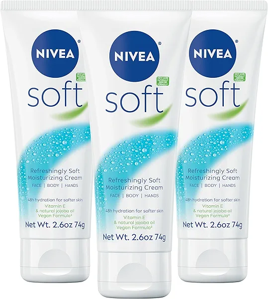 NIVEA Soft Refreshingly Soft Moisturizing Cream, Lightweight Moisturizer for Face, Body and Hands, Body Cream Enriched with Jojoba Oil and Vitamin E, 2.6 Oz Tube, Pack of 3