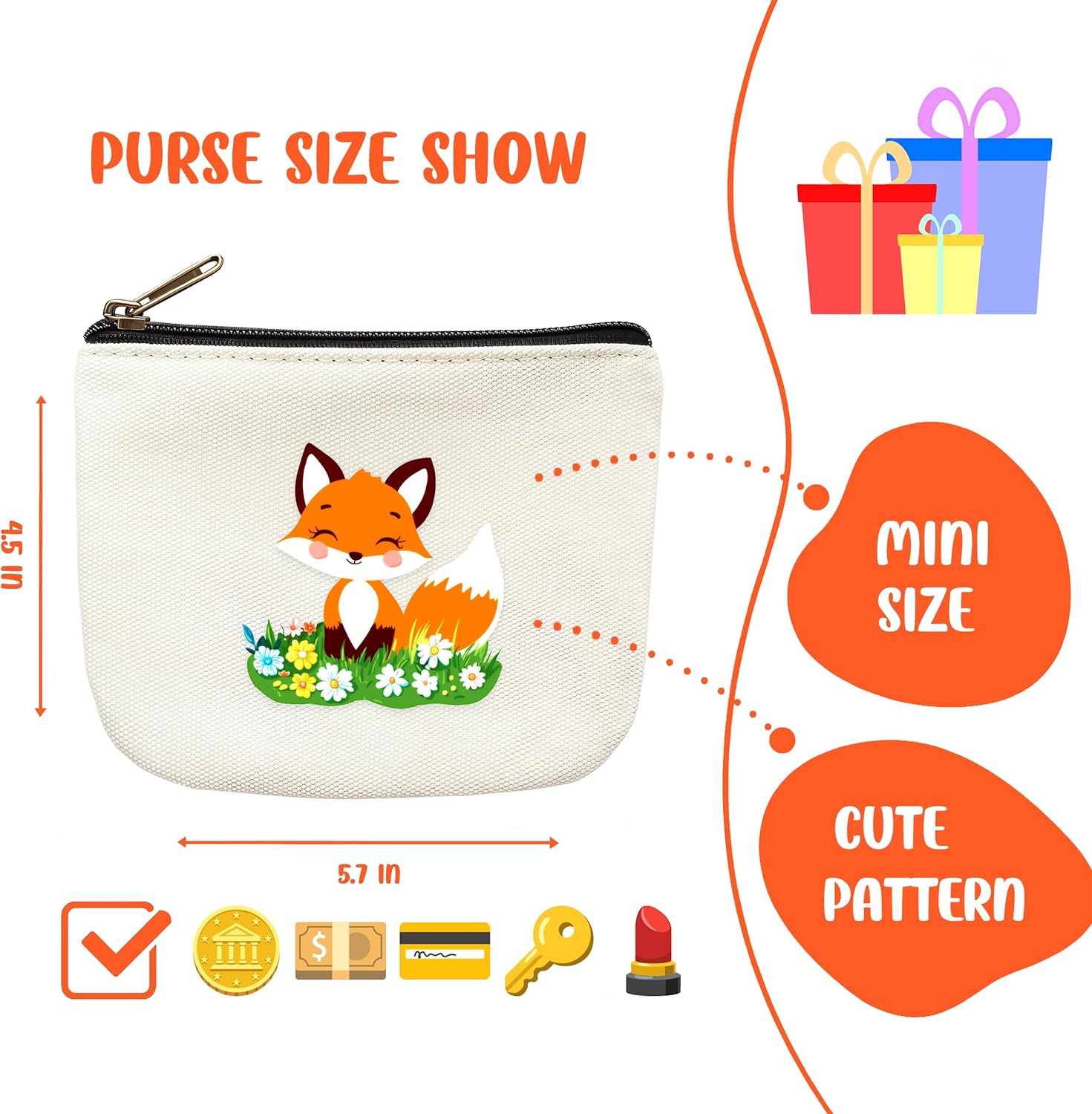 Fox Coin Purse Pouch Bag Holder for Teens Girls Women Kids, Animal Lovers Gifts Stuff Decor, Small Mini Purse Coin Card Key Headset Lipstick! - Image 2