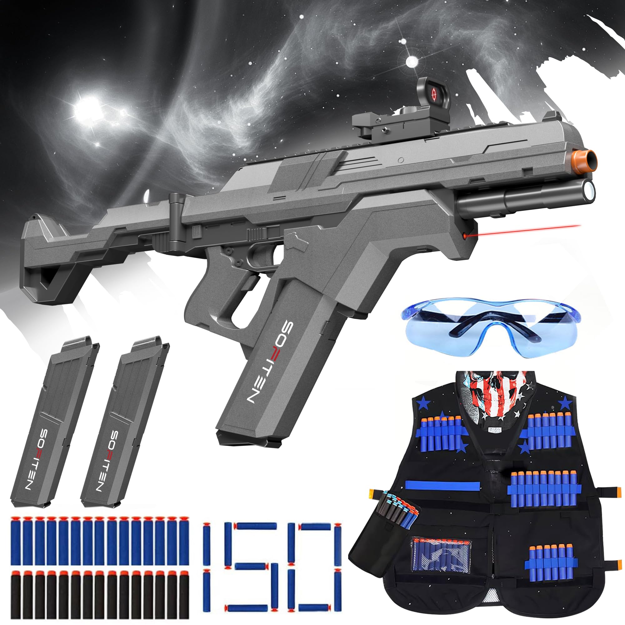 Toy Gun for Foam Blaster Guns Bullets and Tactical Vest Kit Automatic Sniper Rifle Gun with 150 Darts and 2 Magazines Modular Battery Electric Toys Gun Gifts for Kid Birthday Xmas 14
