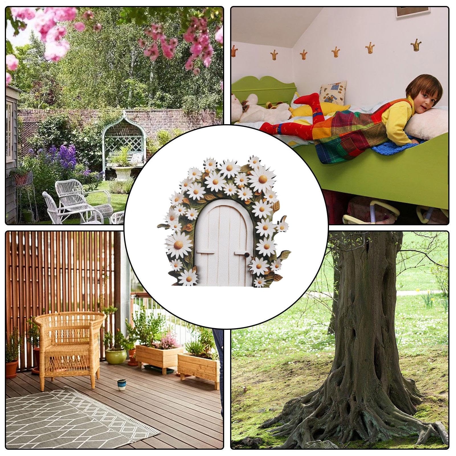 Puerta de hadas de madera, puerta de árbol de hadas en miniatura para decoración de patio, césped, adornos de jardín de hadas para árboles de jardín, accesorios de puerta para pared y árboles al aire