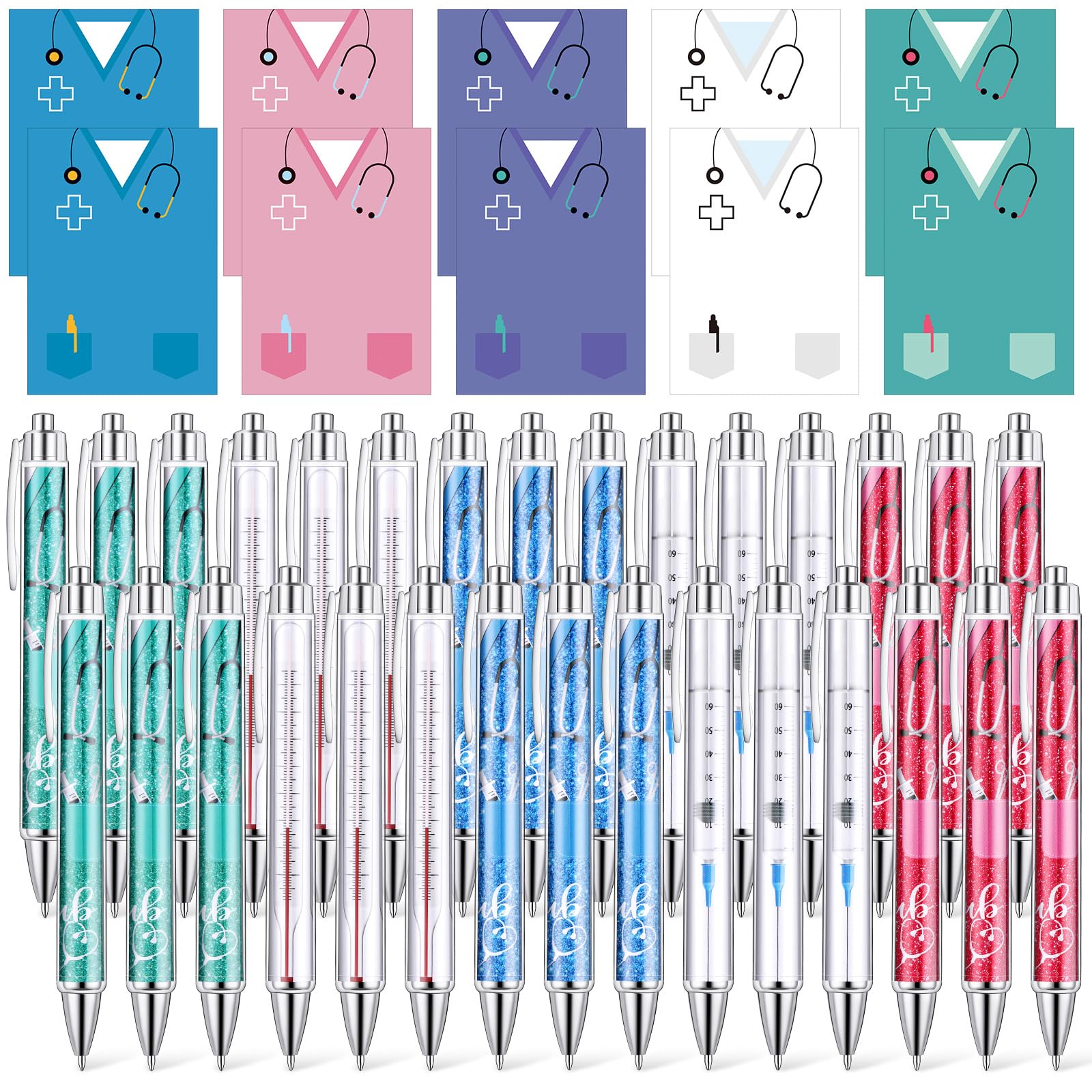 Geyoga Lot de 60 blocs-notes de remerciement pour infirmière, 30 stylos amusants pour infirmière, stylos à bille adhésifs pour infirmière (mignon)
