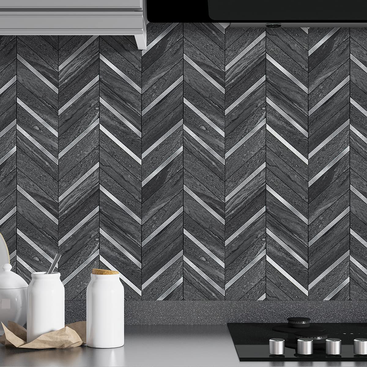 Art3d 10-Sheet Herringbone Peel and Stick Backsplash, Self Adhesive Marble Tiles Stick on Wall Tiles for Kitchen, Bathroom.(Black Marble Mixed Silver Metal)