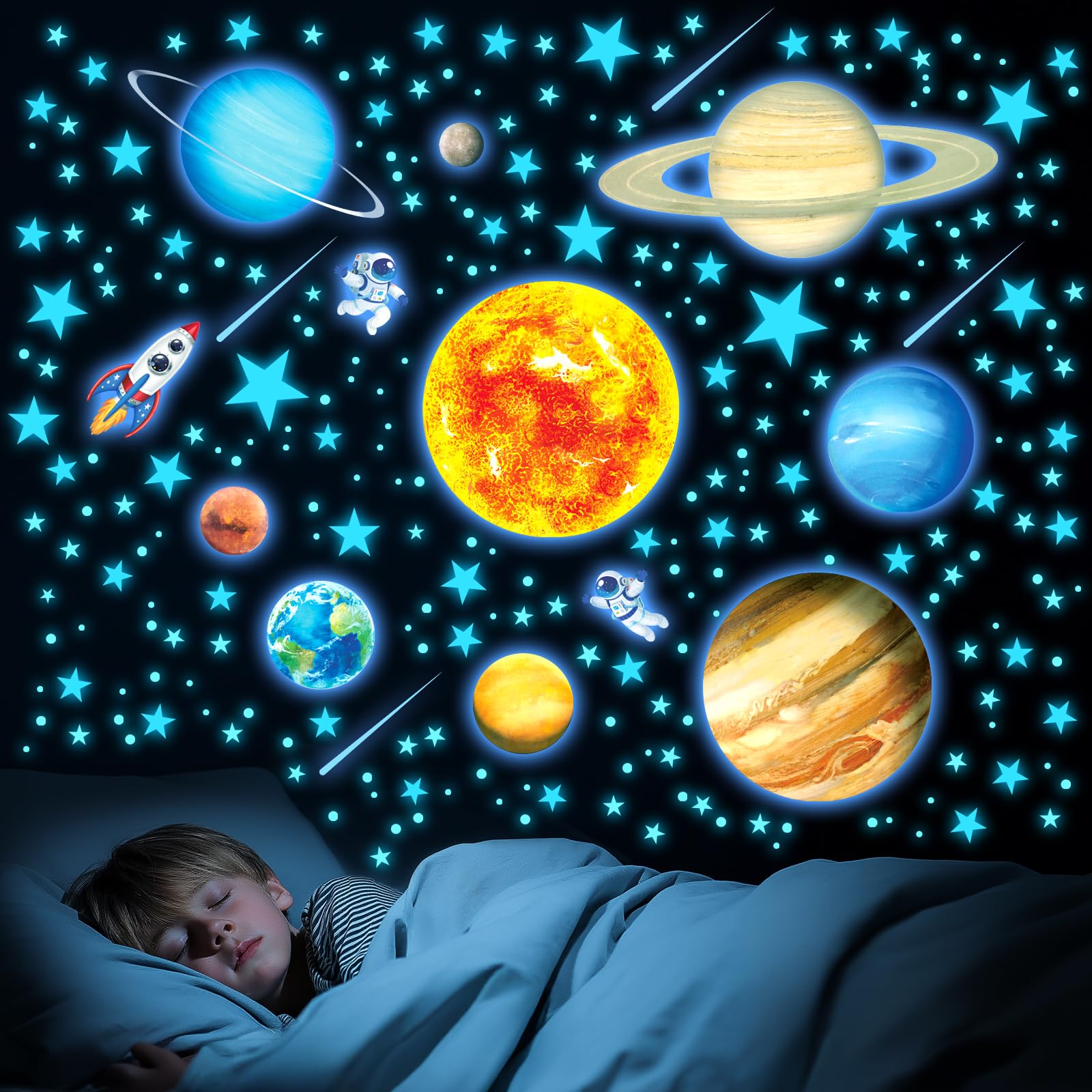 DECOWALL Naklejki ścienne z układem słonecznym świecące – planety, gwiazdy, rakiety i astronautów do pokoju dziecięcego, pokoju zabaw Decor (GDS8-8098)