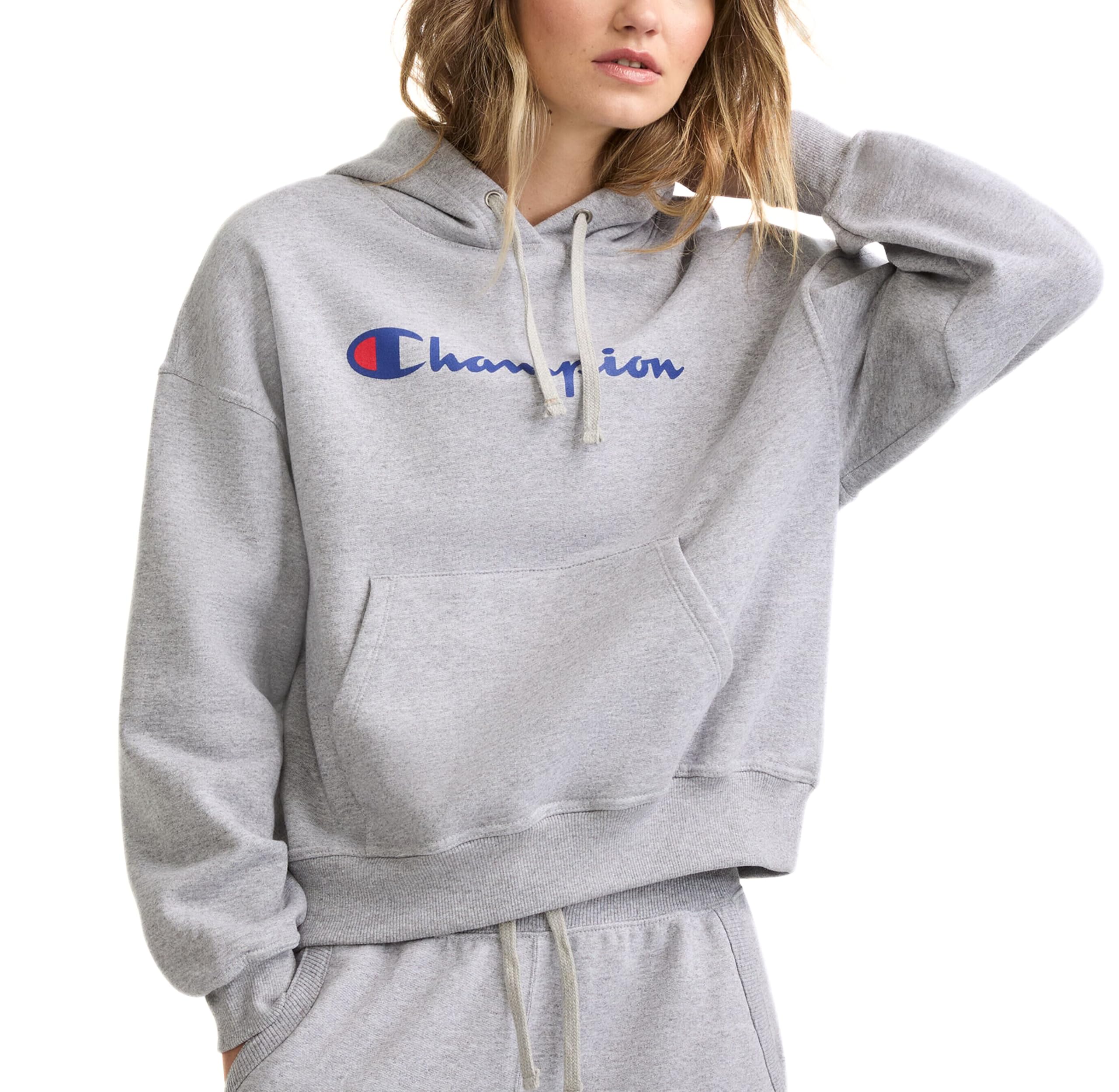 Champion Women's Powerblend Relaxed Hoodie, Screen Print Script, Oxford Gray-y08113, Medium