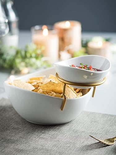 Miniatura 4 de Juego de cuencos de porcelana para servir aperitivos con 2 compartimentos, estante de tacos para patatas fritas y inmersiones, juego de servir barra