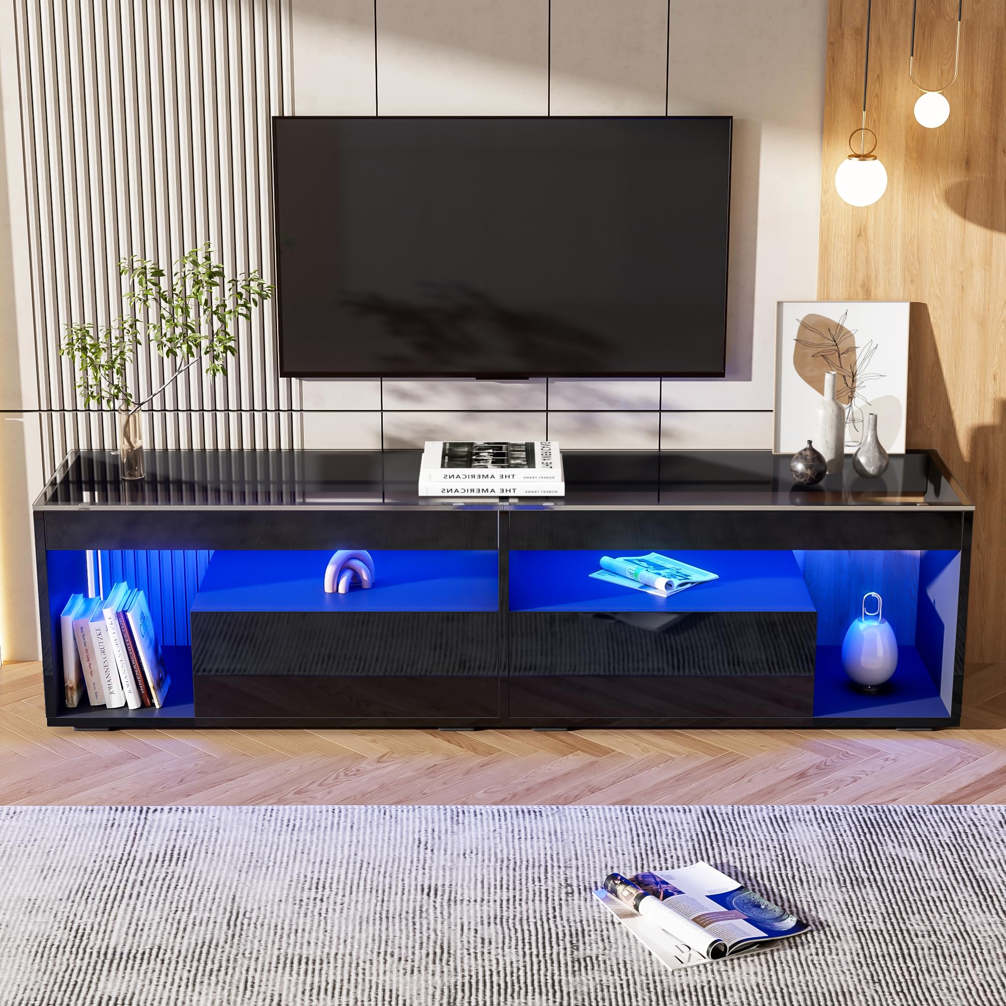 Merax High Gloss TV Stand for 80 Inch TVs,Modern LED TV Cabinet for Living Room,Black TV Unit with Glass Top, 2 Drawers & Open Storage,180x40x46 cm — image 1