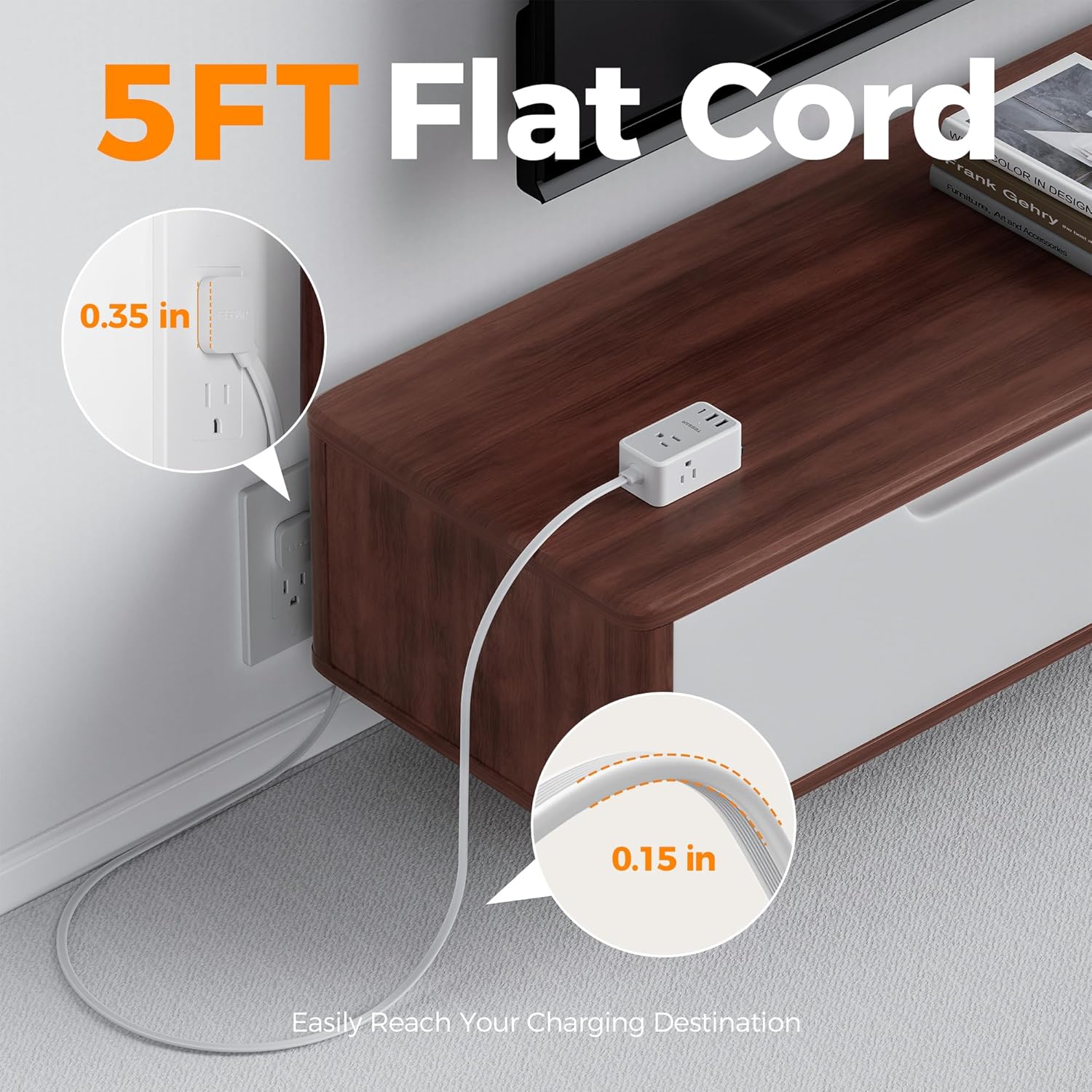 TESSAN Small Flat Plug Power Strip, Ultra Thin Extension Cord 5 ft, 3 AC Outlets 3 USB (1 USB C), 1 Retractable USB C Cable, Multiple Wall Outlet Extender for Cruise Travel Dorm Room Essentials