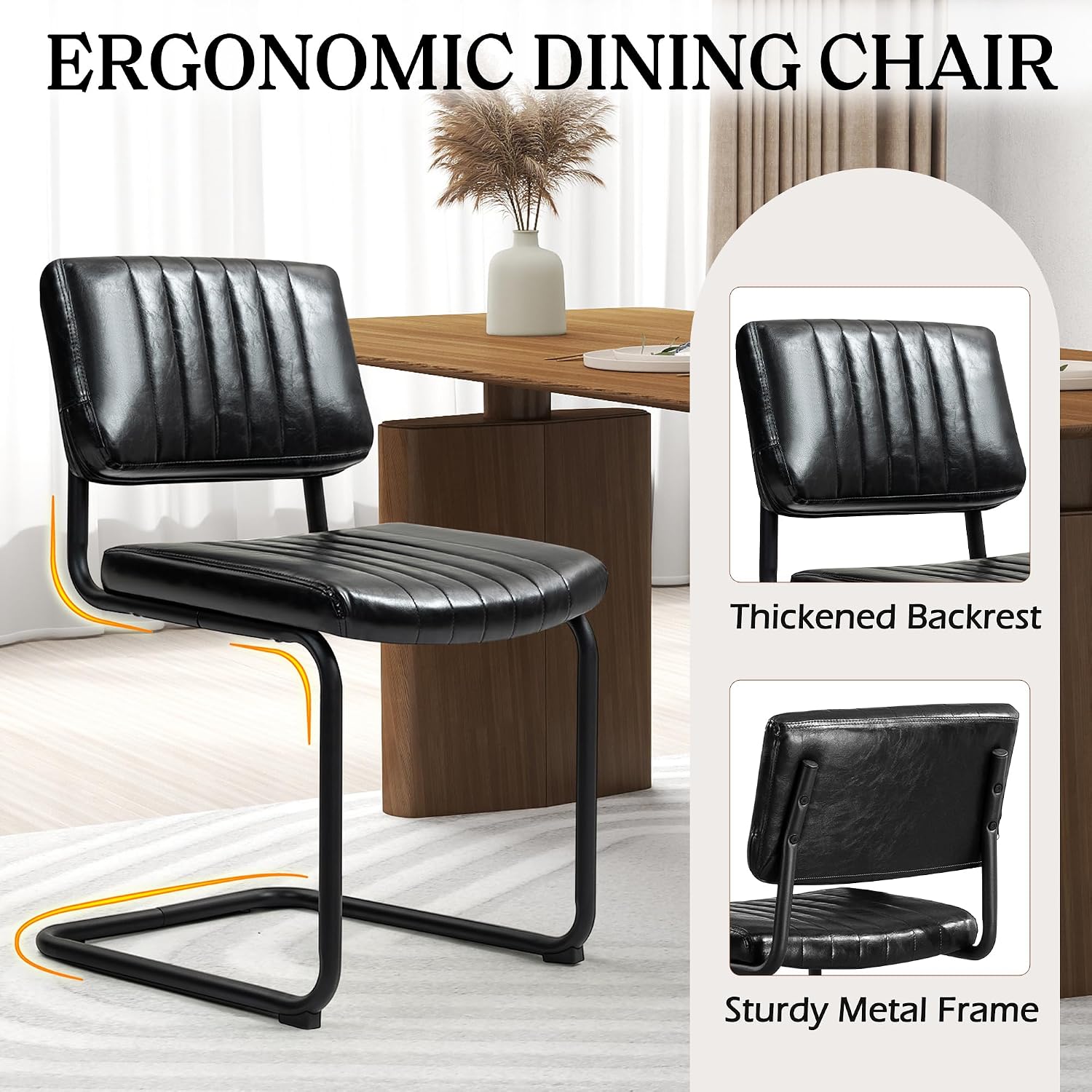 AVAWING Cantilever Dining Chairs Set of 6, Mid Century Modern Dining Chairs with Armless Backrest Comfy Chairs for Dining Table PU Leather Upholstered Dining Room Chairs for Kitchen Living Room, Black