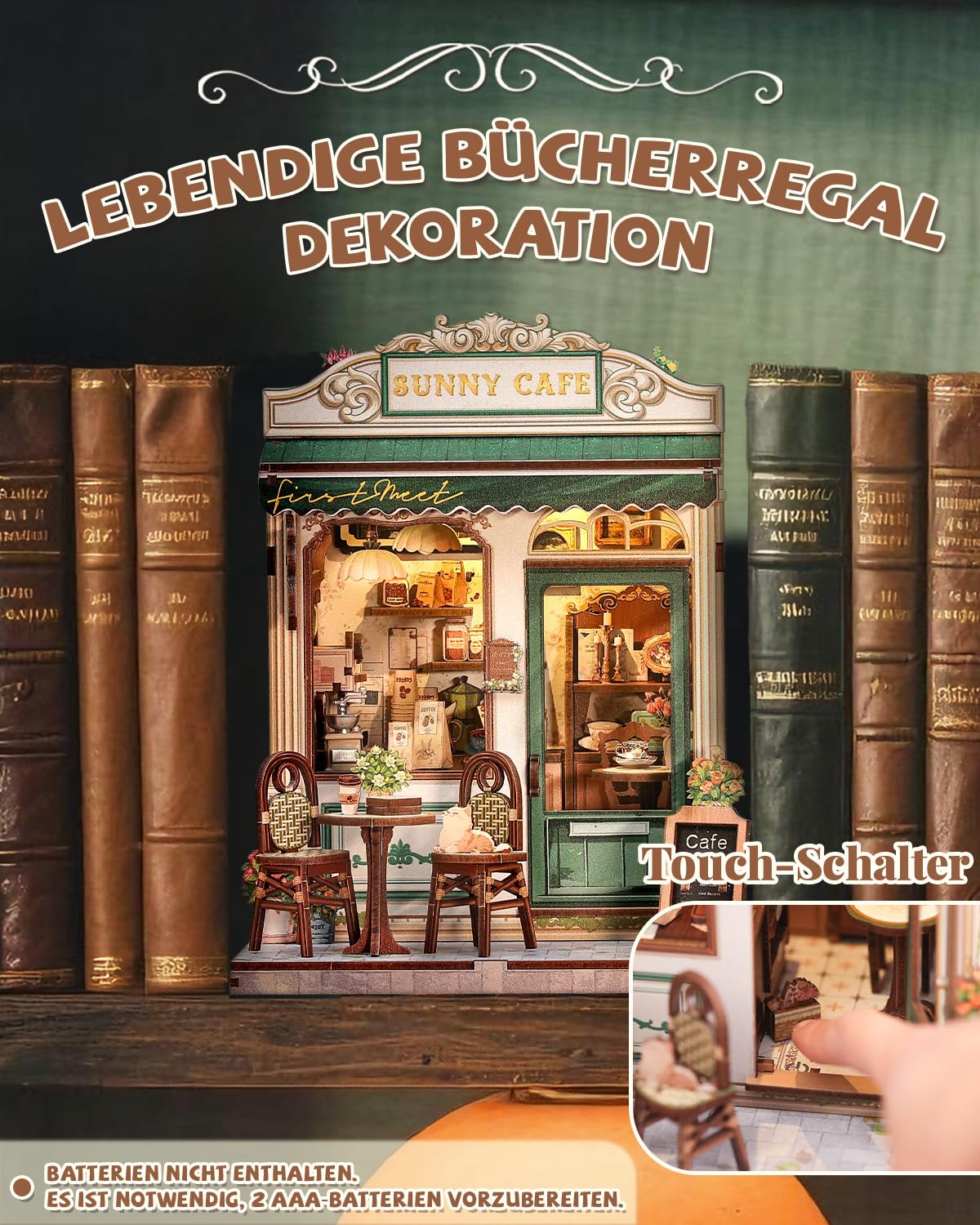 Cutefun Book Nook Kit - Kit Casa in Miniatura DIY per Adulti, Puzzle 3D in Legno Tiny House con Luci LED, Modello Caffè in Scala Decorazione per Libreria, Regalo per Donne e Appassionati di Puzzle