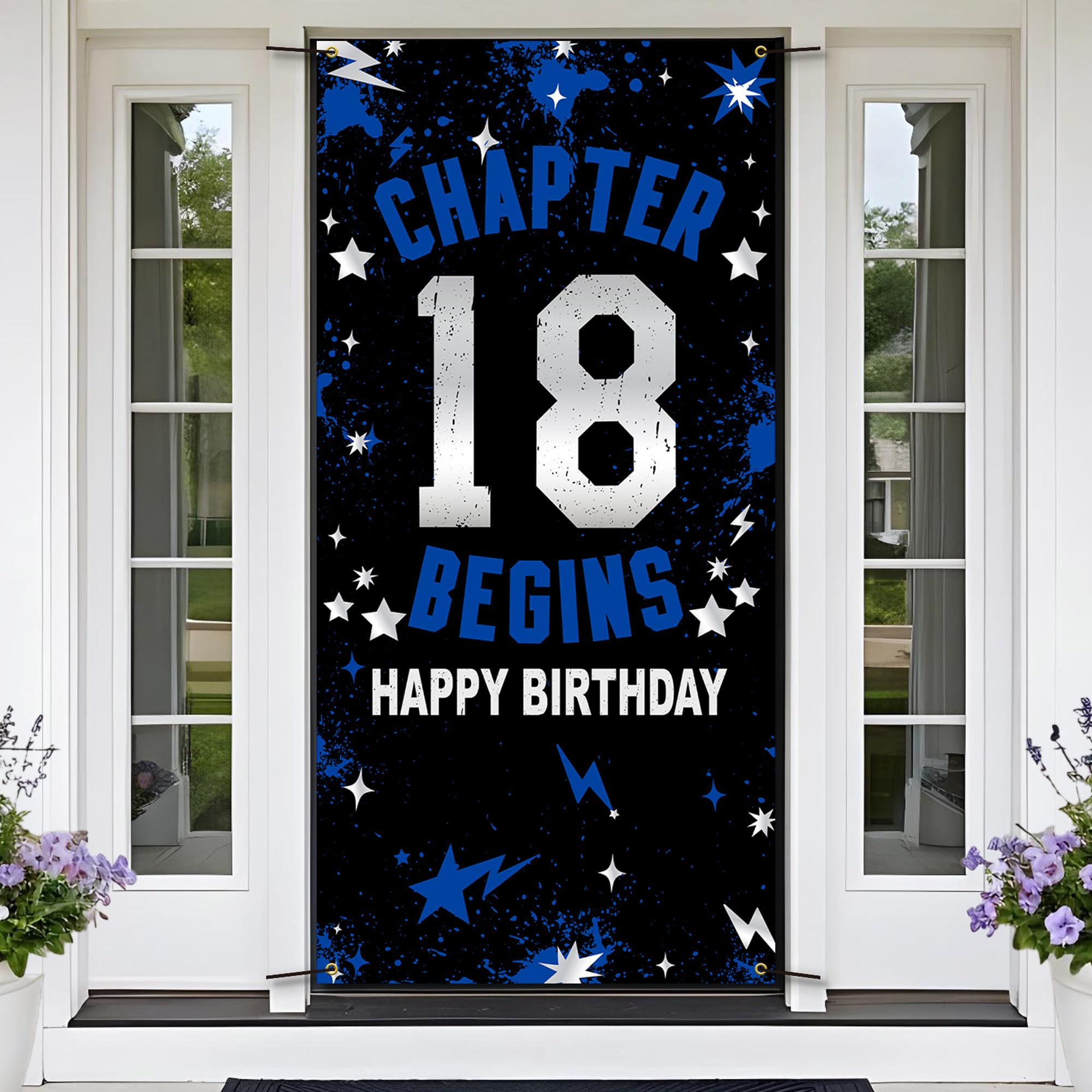 Photo 1 of 18th Birthday Decorations for Boys Girls, Fabric Chapter 18 Begins Blue Banner Backdrop, Photo Props, Yard Sign, 18 Years Old Birthday Party Decor for Door Wall Table Decor Indoor Outdoor, HTDZZI
