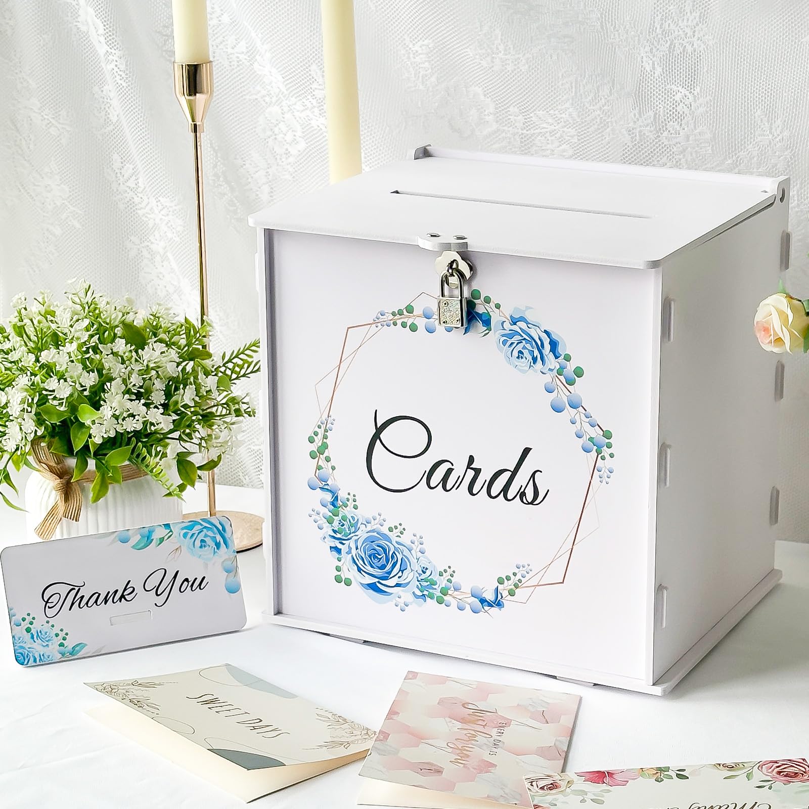 Cvkwe White Wedding Card Box with Lock PVC Post Box with Thank You Sign