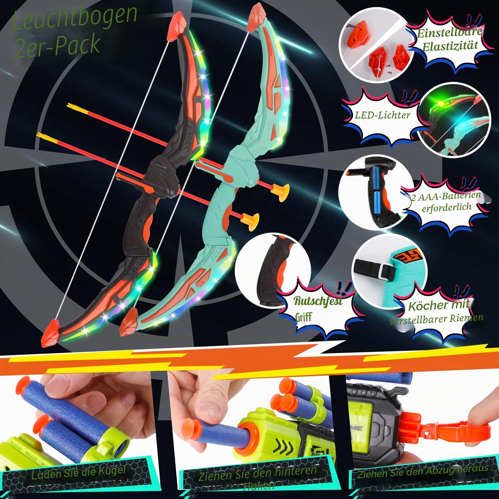 2 Pack Bogenschießen Set für Kinder Bogen und Pfeil mit LED-Beleuchtung für Innen- und Außenbereich Spielzeug für Jungen und Mädchen im Alter von 4-12 Jahren Geschenk