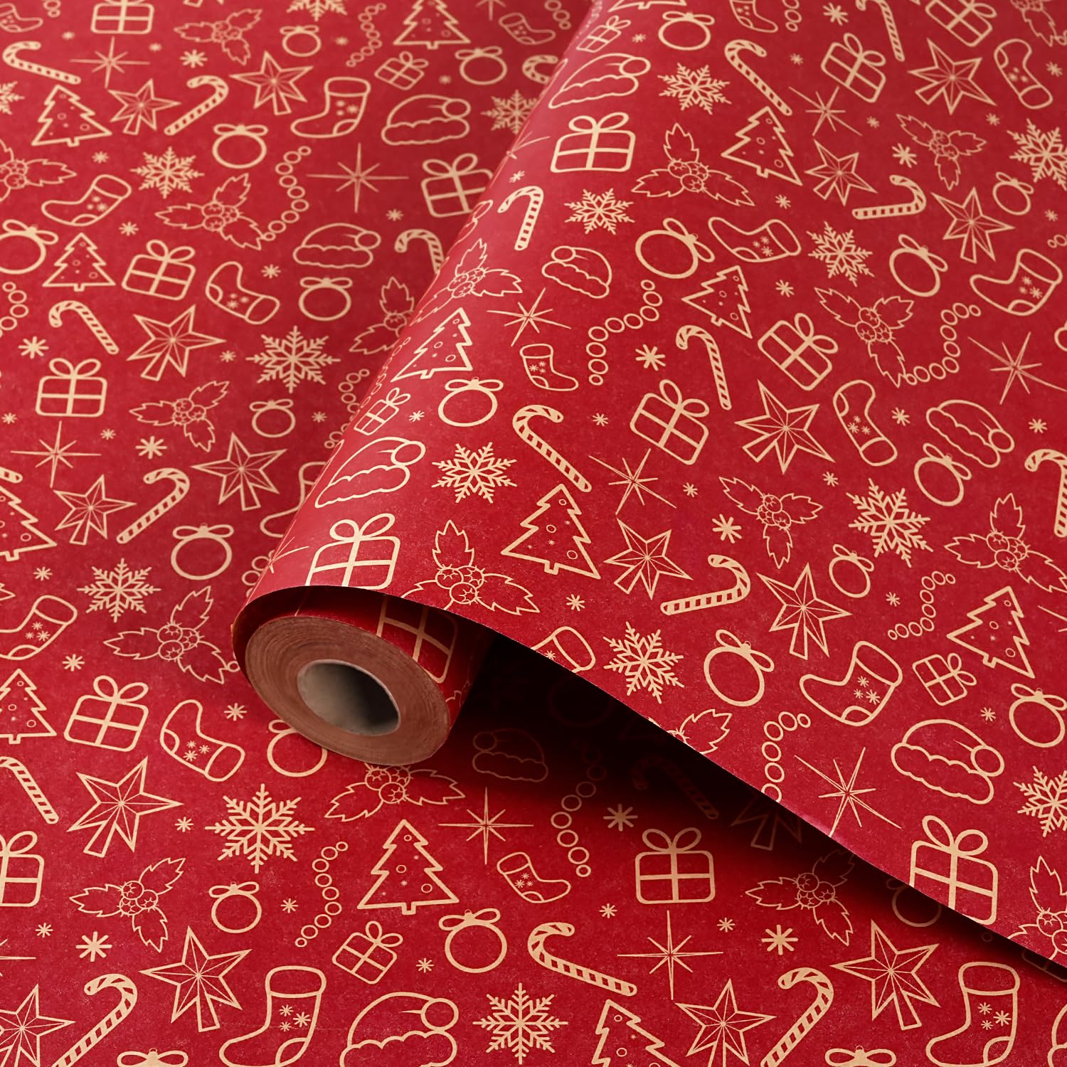MAMUNU Christmas Wrapping Paper Roll, 43cmx15M Red Kraft Christmas Wrapping Paper, Snowflake Socks Santa Hats Recycle Gift Wrapping Paper for Xmas New Year Holiday Birthday