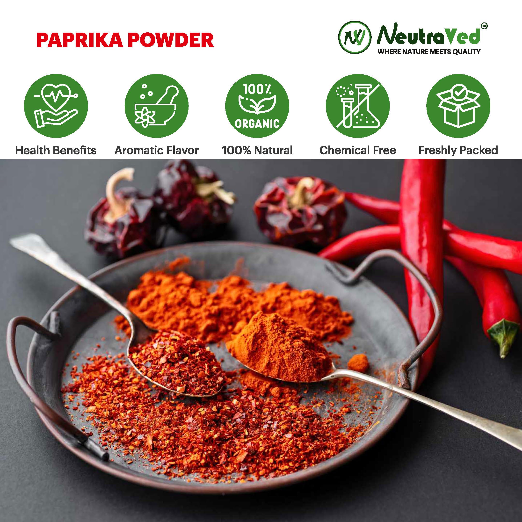 NeutraVed Paprika Powder 100g | Sweet & Mild Red Paprika Spice for Cooking, Seasoning & Garnishing | Comes in Standup Ziper Pouch - 100gm - Image 2 thumbnail