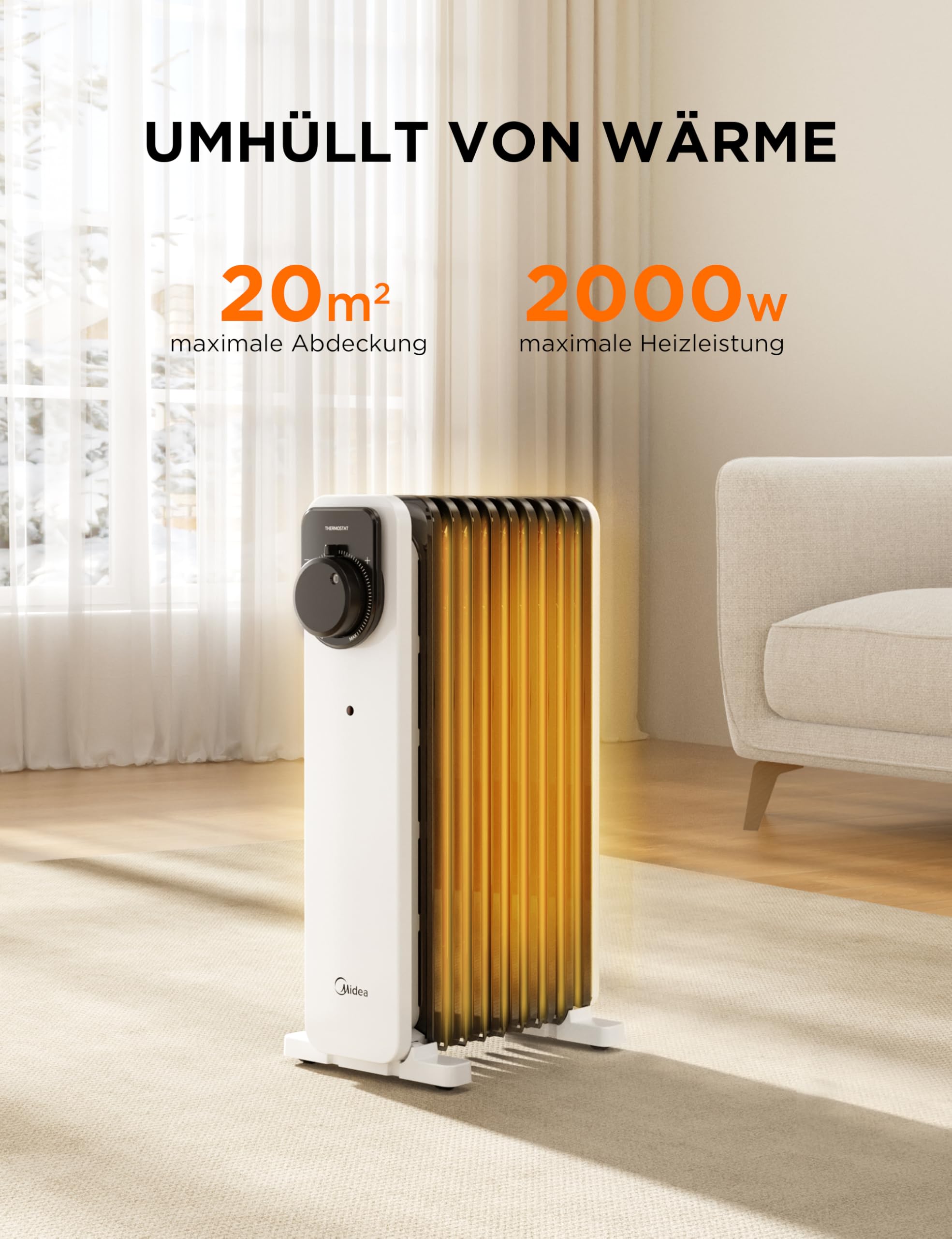 Midea Ölradiator, 2000W 9 Rippen tragbarer Elektroheizer mit Drehknopfregelung und einstellbarem Thermostat, 3 Heizstufen, Kipp- und Überhitzungsschutz, ultra-leise im Büro & Zuhause