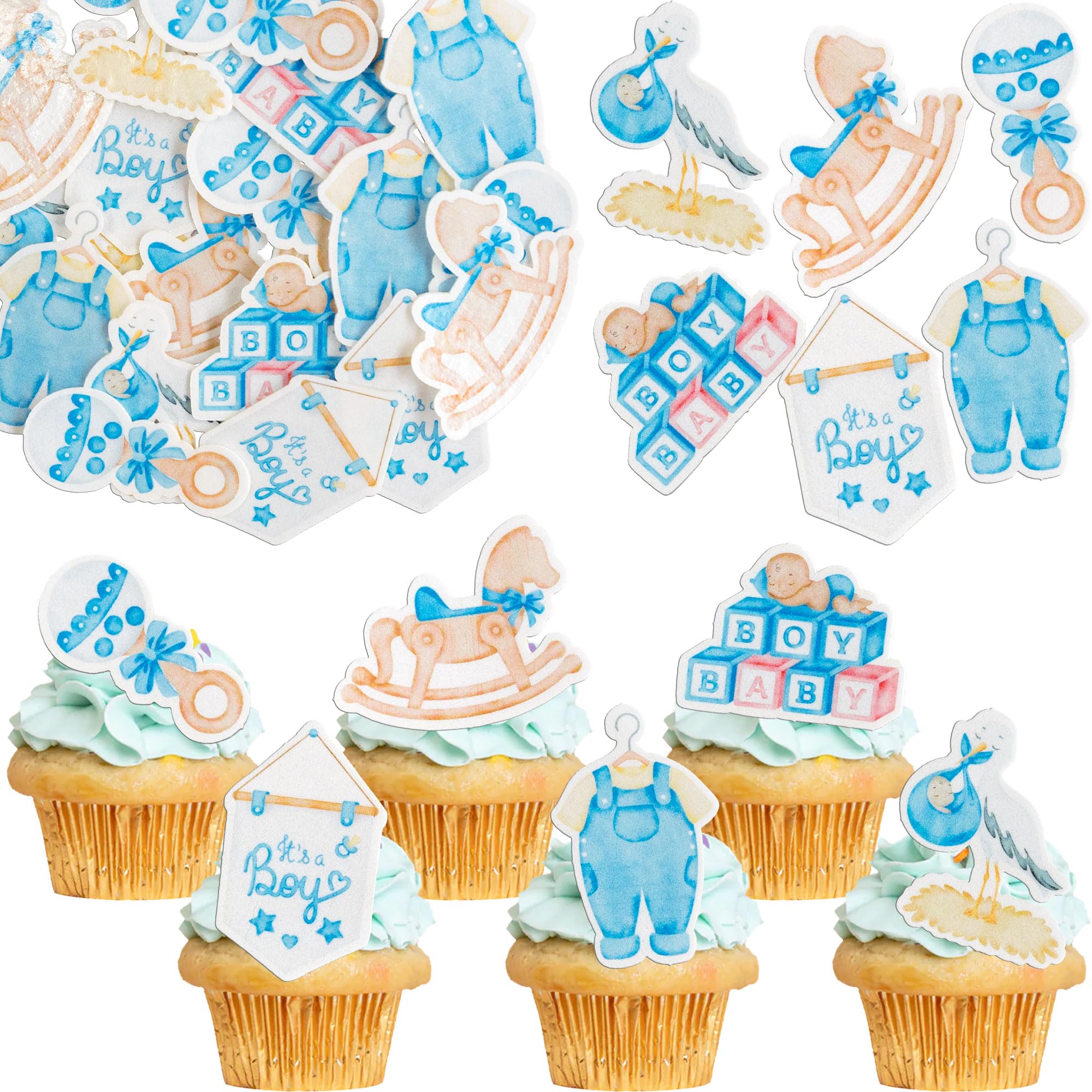 Gyufise 48Pcs Edible Oh Baby Cupcake Toppers Pacifier Cloud Moon Star Baby Boy Cupcake Picks Edible Baby Shower It's a Boy Cake Decorations for Boys Birthday Party Supplies Blue