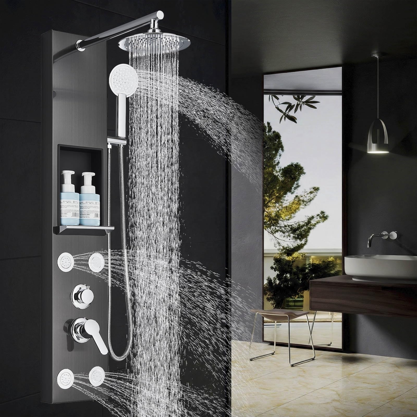 Zamery Shower Panel Tower Column System Rainfall Waterfall Hand Shower Hydromassage and Tub Spout Wall Mounted Stainless Steel Multifunction