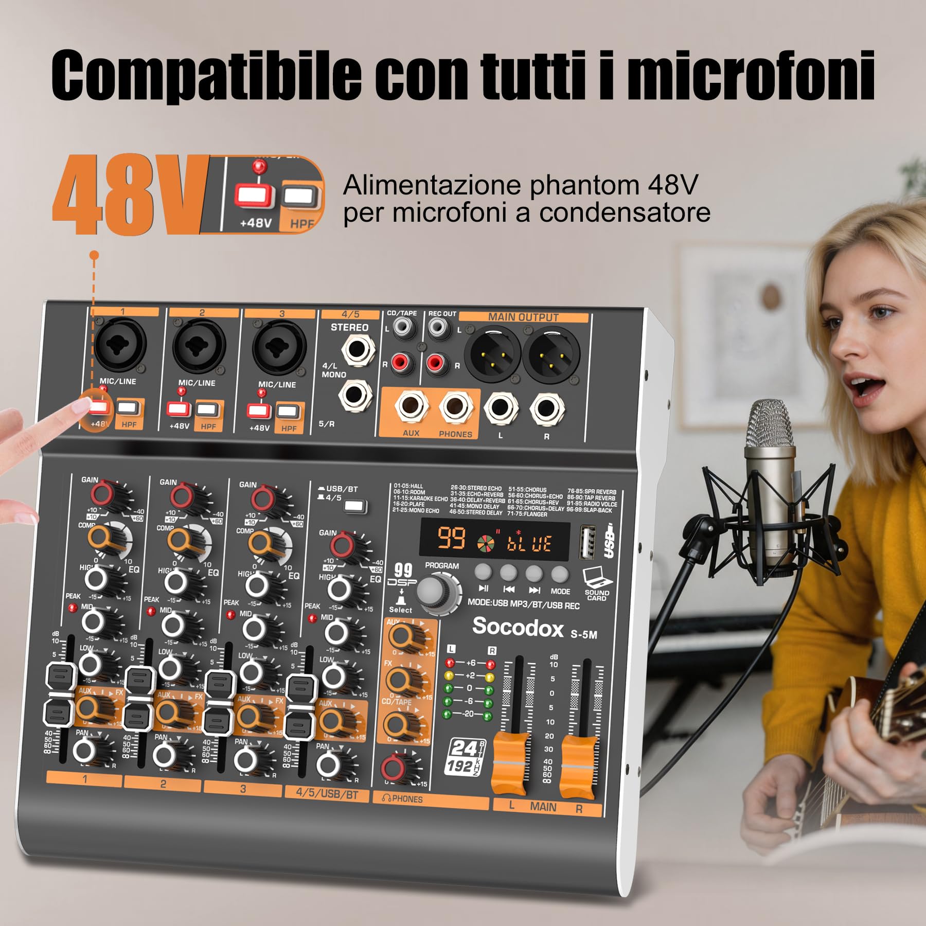 Mixer audio a 5 canali con Bluetooth e 99 effetti DSP per streaming | 48V fantôme, EQ 3 bandes, enregistrement USB, entrées stéréo, faible bruit, gain, jack casque pour église, karaoké, live