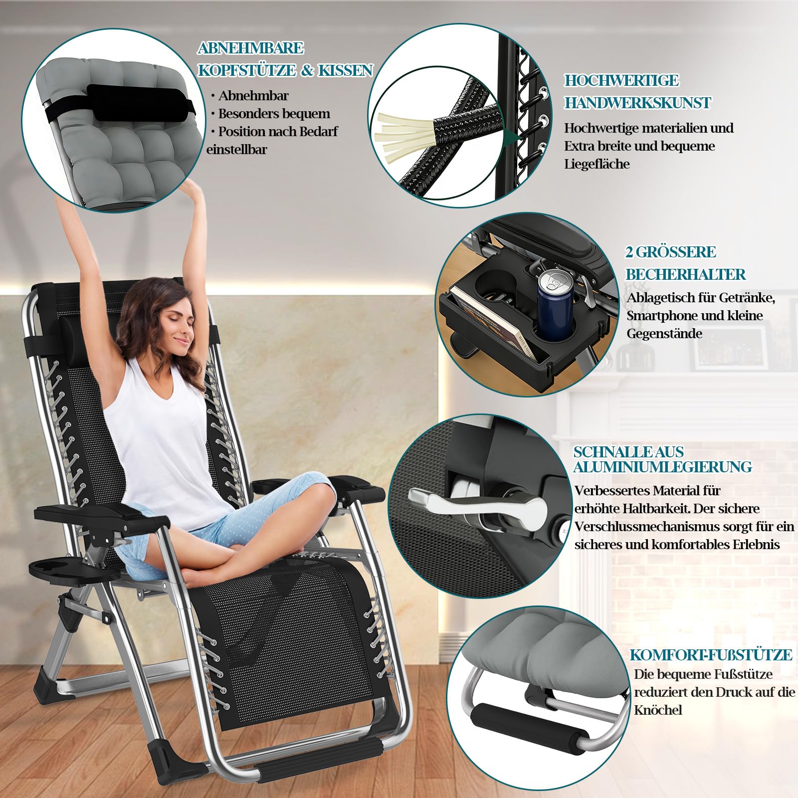 Fiutazge Tumbonas Jardín Exterior de 72cm,Silla de Jardín,Tumbona Plegable con Respaldo Ajustable,Cojín,Reposacabezas,Portavasos,Ergonómico Tumbona de Relax para Camping y Balcón,Gris