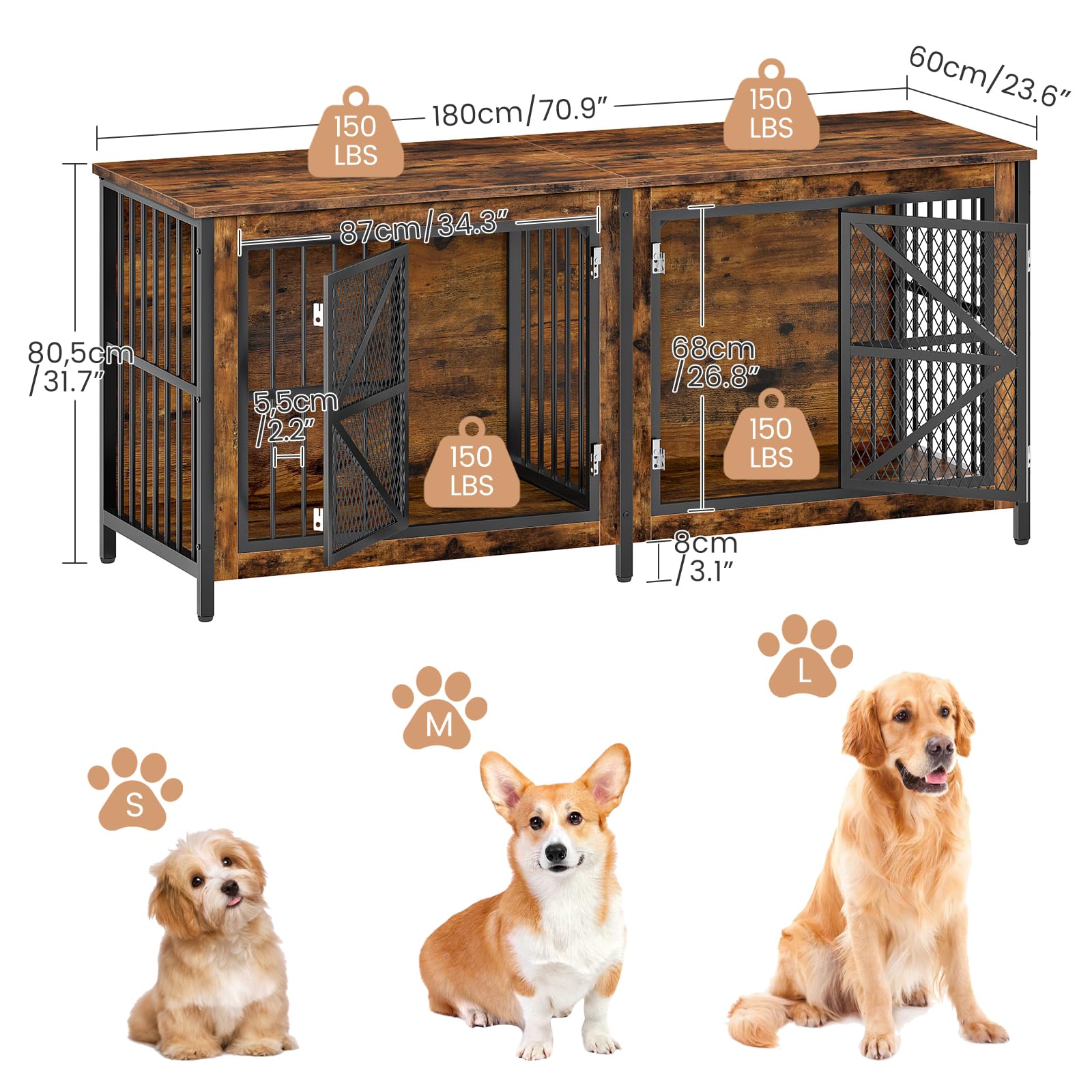 CHOEZON 71 Inch Double Dog Crate Furniture for 2 Dogs, Wooden Dog Crate End Table for Medium/Large Dogs, Dog Kennel Furniture with Divider & Double Metal Doors, Rustic Brown and Black TGW02BF - image 7