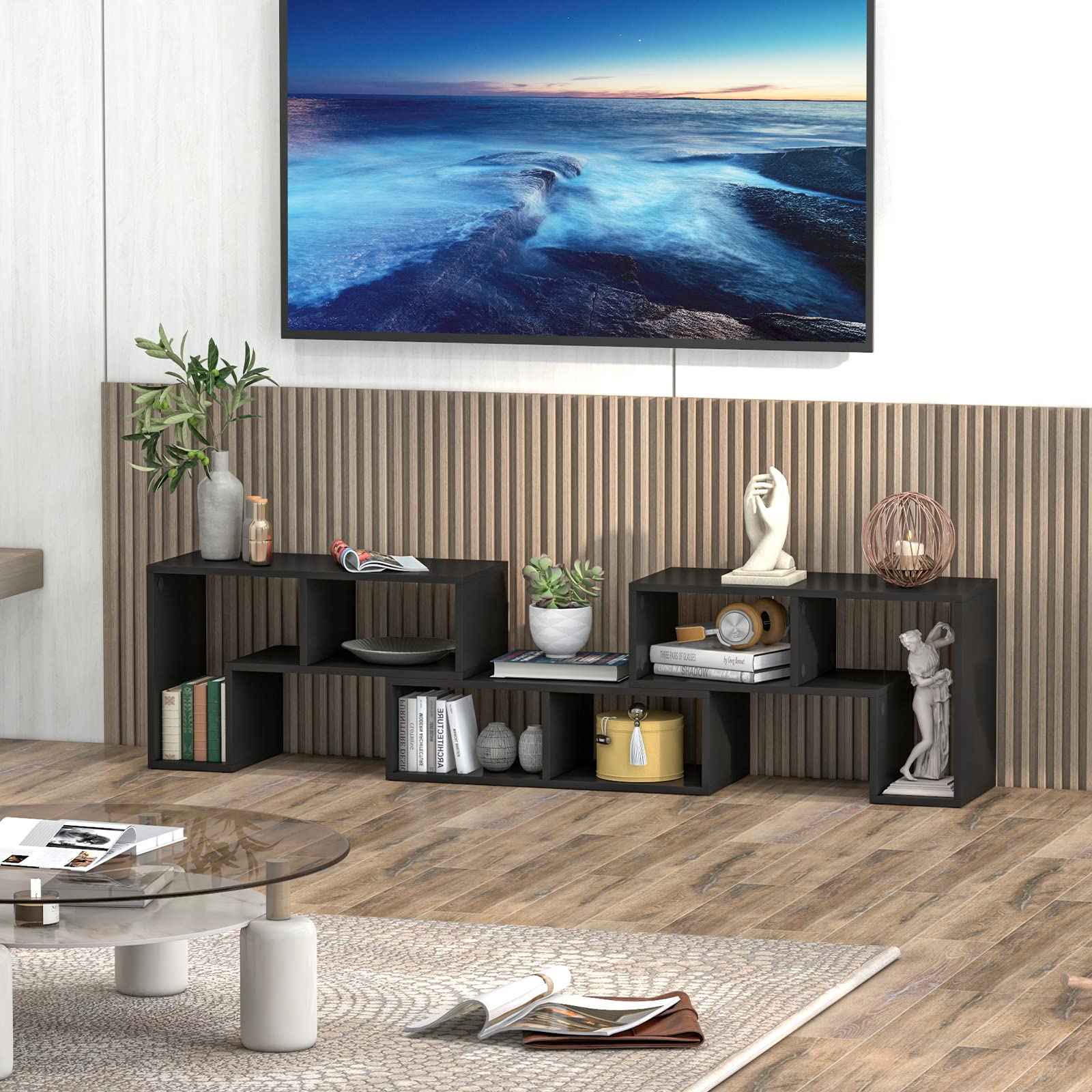 GIANTEX Mobile TV con Ripiani Aperti, Supporto per TV Moderno Fino a 65 Pollici, Ideale per Soggiorno,Camera, 2 Colori,134-180x30x43 cm (Nero)