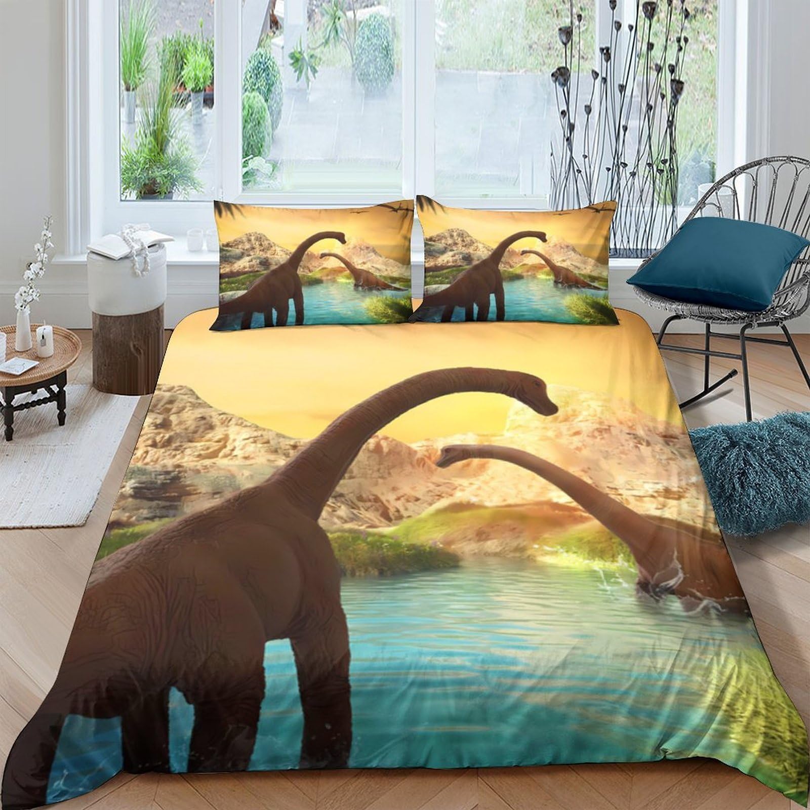 Ctjqhvkz Style-10 3D Printed Dinosaur Lake Fitted Sheet Microfiber Soft Brown Mountain Sunset Mattress Cover Bedroom Decor Single（135X200cm）