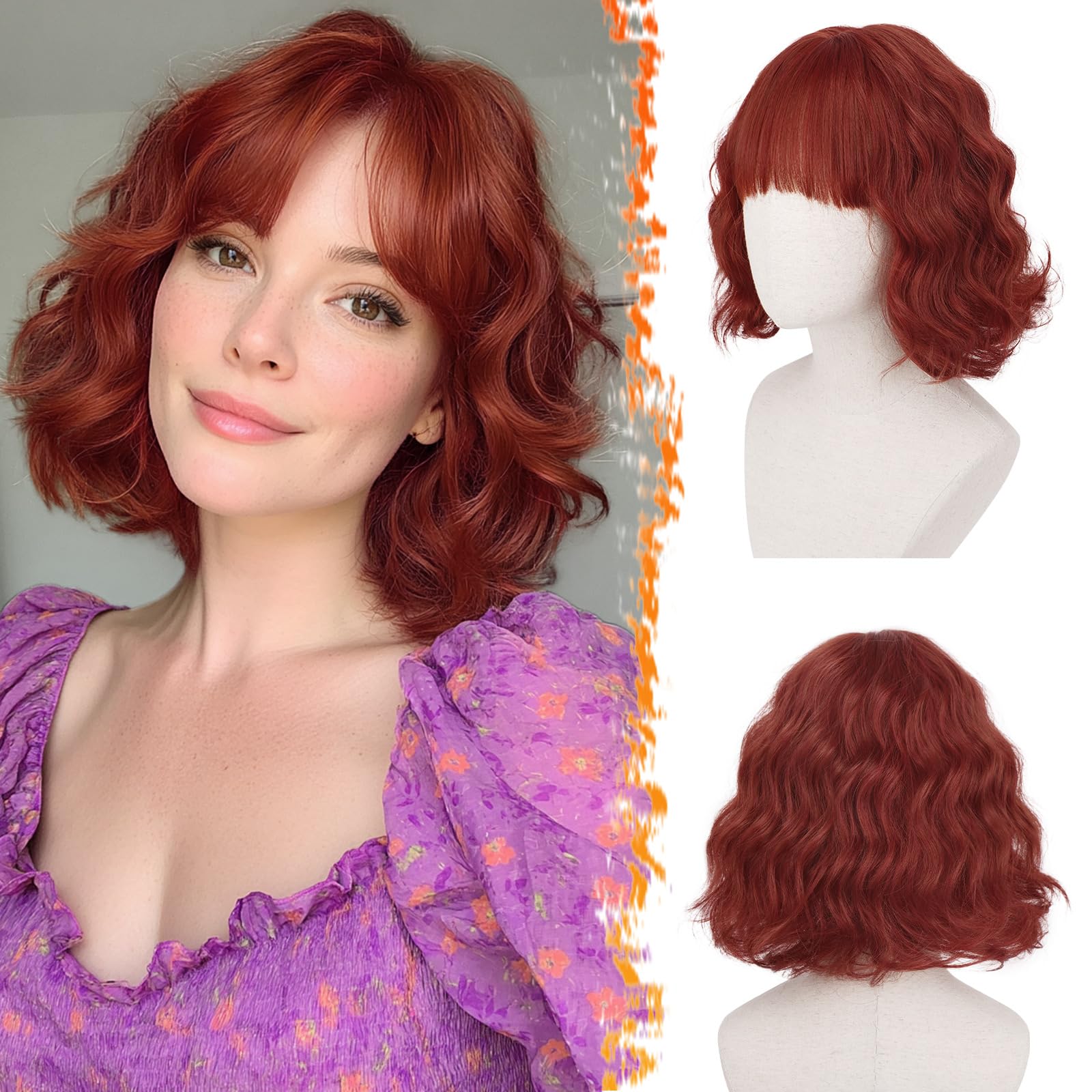 BARSDAR Short Wavy Copper Red Wig with Bangs - Short Copper Red Bob Wigs for Women - Curly Wavy Textured French Bob Wig with Bangs Soft Synthetic Natural Looking Face-Framing Daily