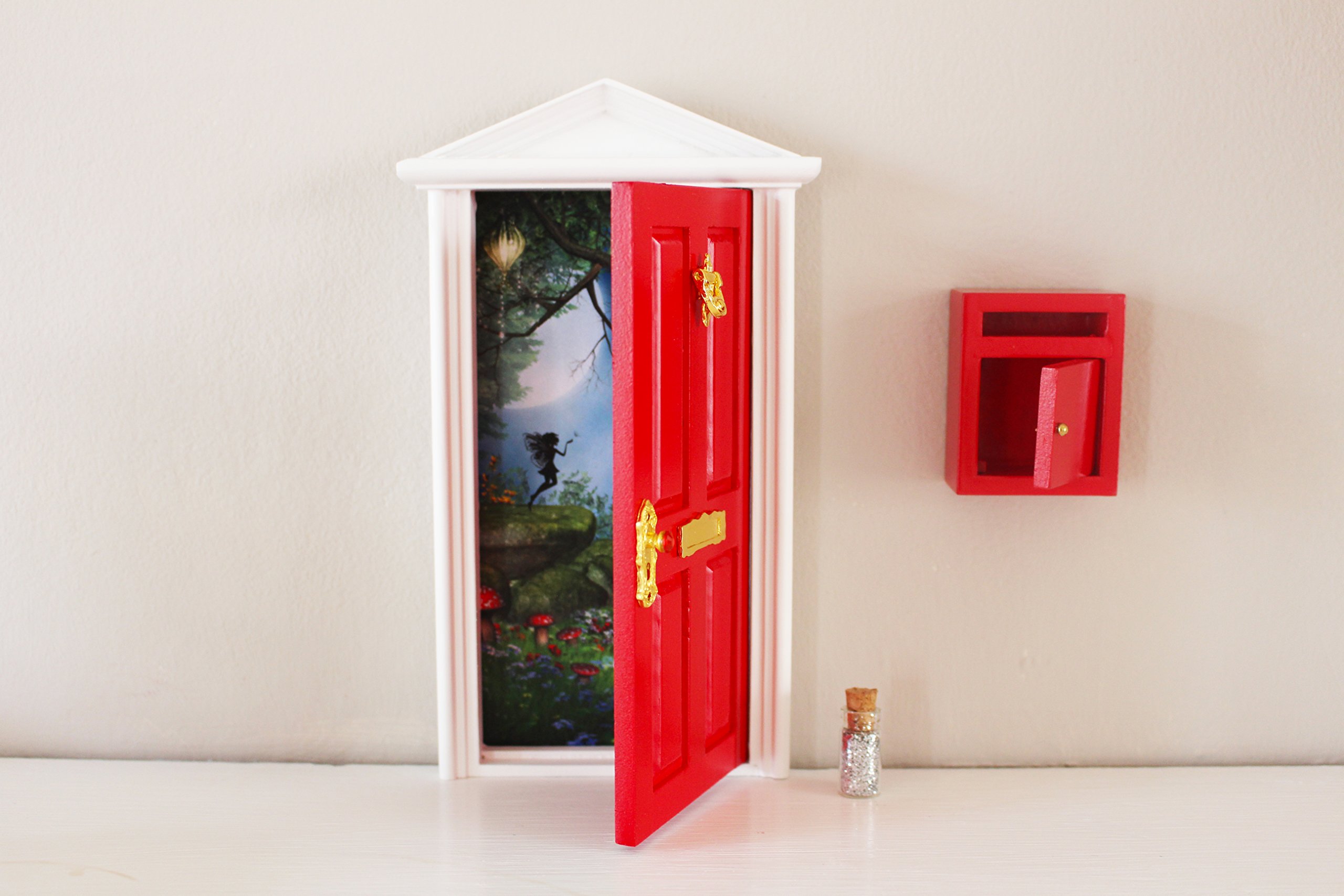 Opening red Fairy Door with red Post Box