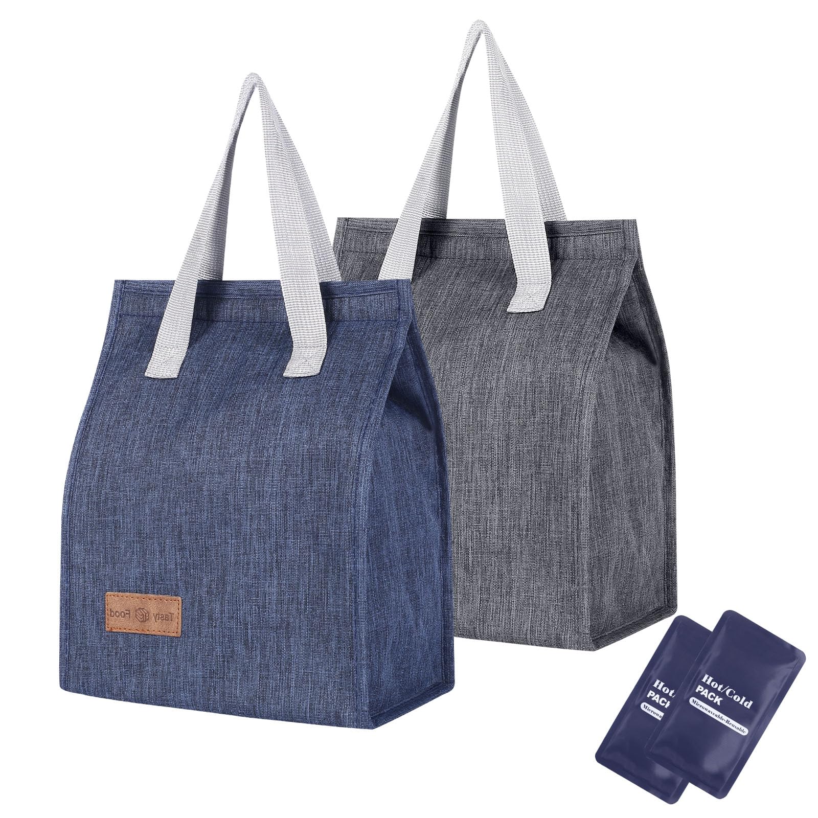 VZZNN 2PCS Lunch Bag for Women/Men, Waterproof Reusable Portable Lunch Tote with Hot and Cold Packs, Thermal Cooler Bag Ideal for Work, Party, Lunch, Travel, Picnic(Blue & Grey)