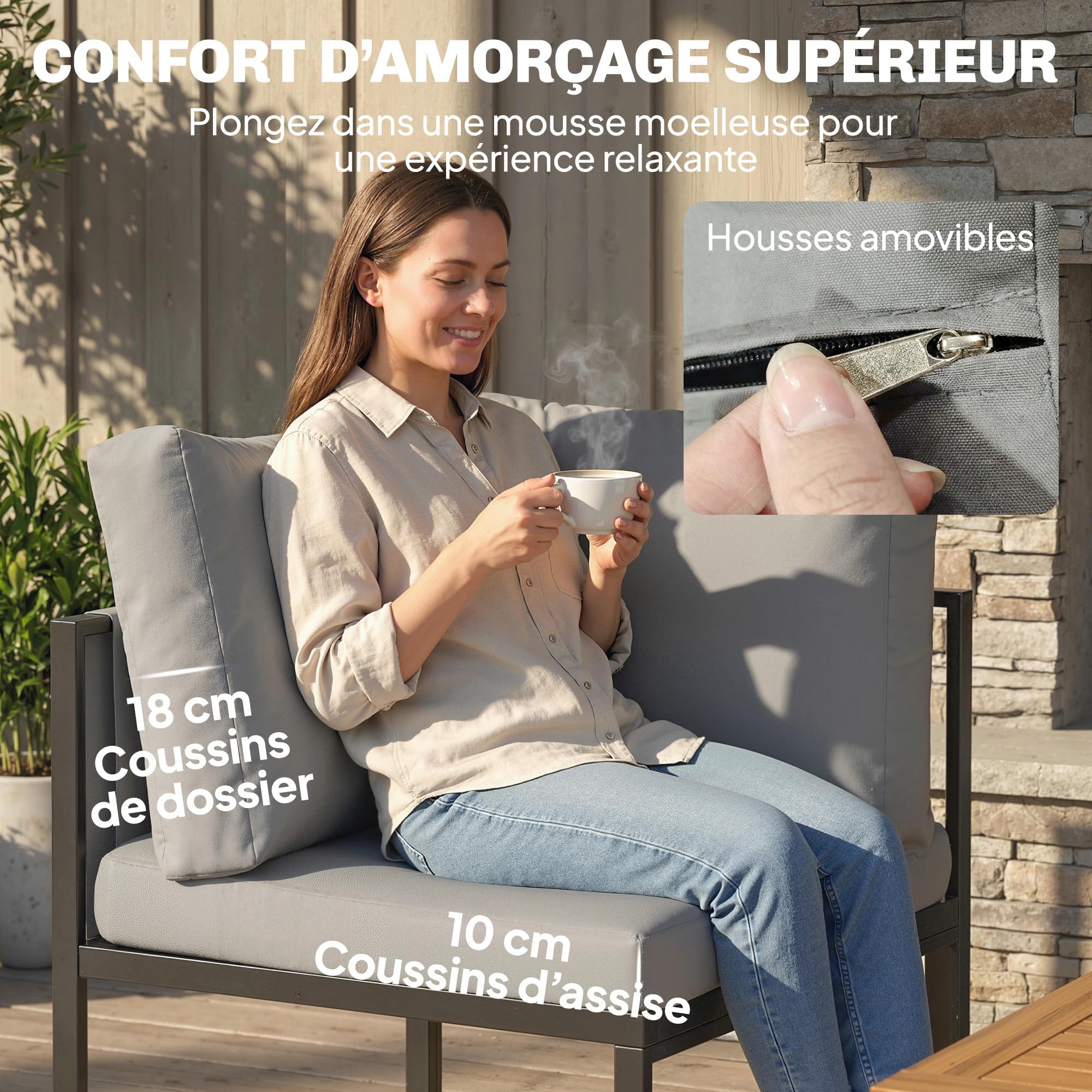Outsunny Salon de Jardin 6 Pièces Canapé d'angle Extérieur Acier Gris | Ensemble Meuble de Jardin avec Coussins 10cm, Table Haute, 2 Repose-pieds, Mobilier de Terrasse 7 Personnes, Textilène