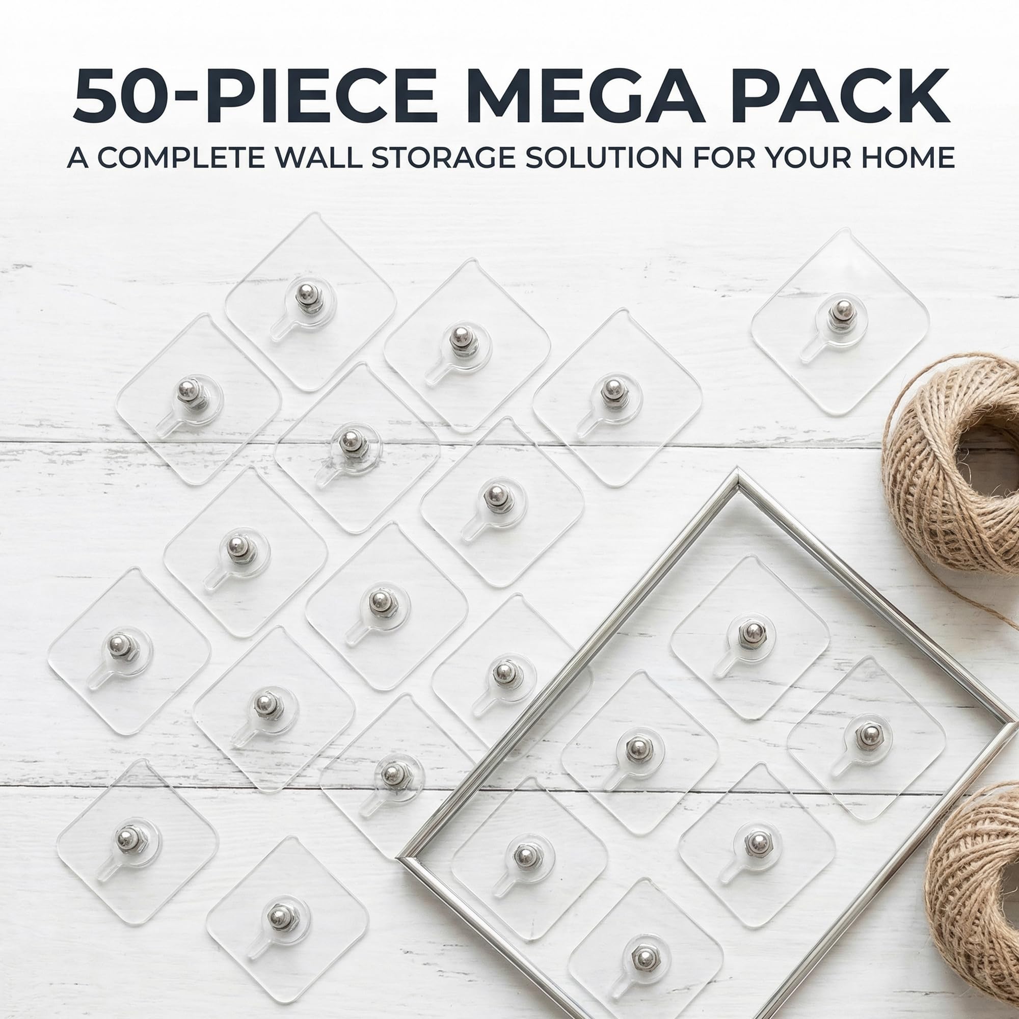 50PCS Drill-Free Adhesive Hooks, 2026 Upgrade No Drill Screw Stickers, Powerful Adhesion, 22lb Capacity, No Drill Adhesive Wall Hooks for All Wall Types and Locations (50-Pack) - 2