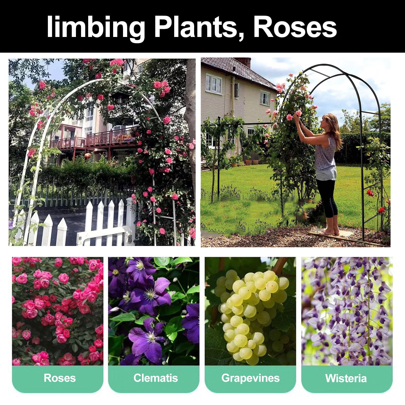 Gartentorbogen aus Metall für Pflanzen, unterstützt starker und stilvoller Gartenbogen zum Klettern von Rosen und Pflanzen, verschönern Sie Ihre Gartendekoration (Schwarz, 1,2 x 2,2 m)