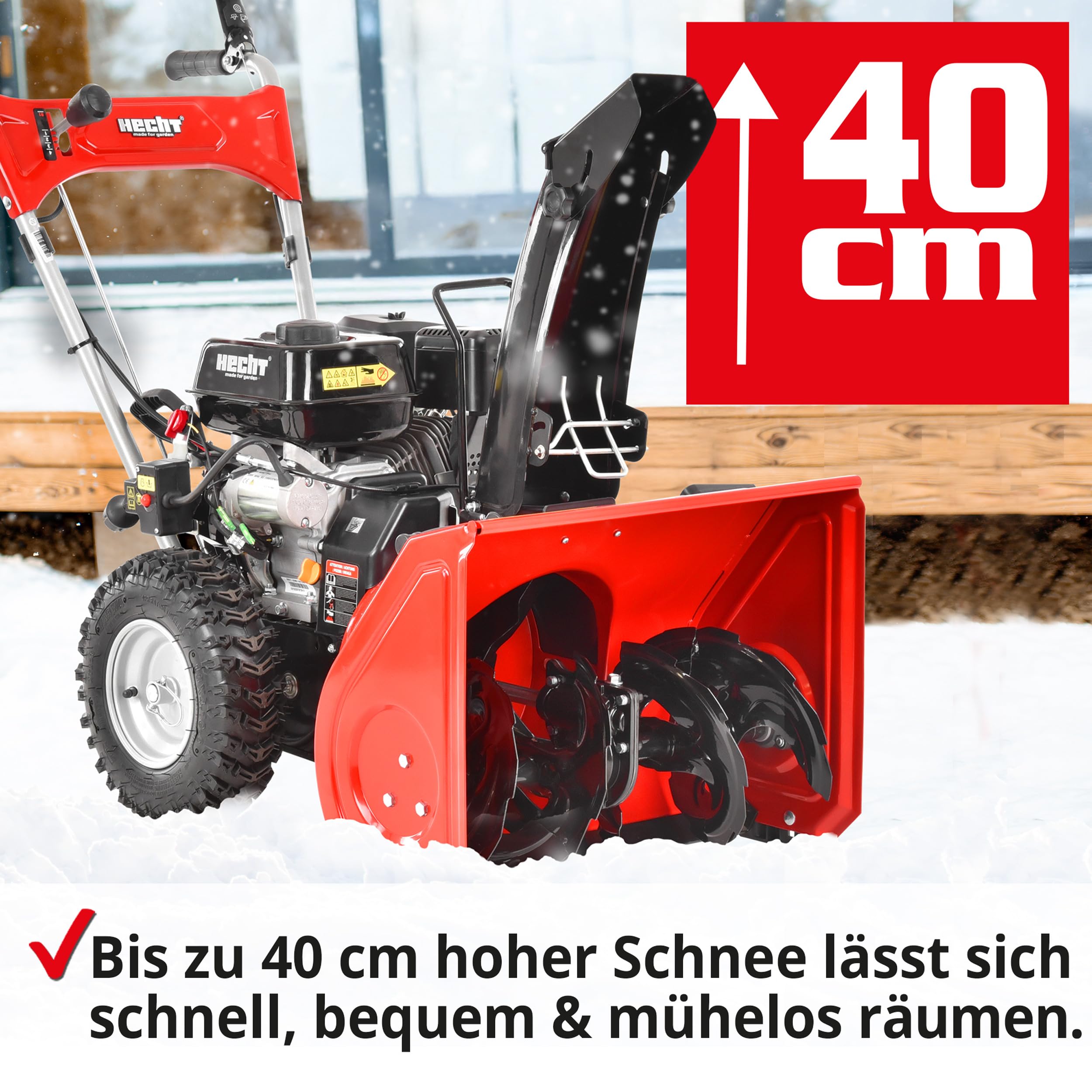 HECHT Schneefräse Benzin – 56 cm Arbeitsbreite – 2-stufig – 40 cm Arbeitshöhe – 11 m Auswurfweite – mit E-Start, 5-Gänge, LED-Scheinwerfer
