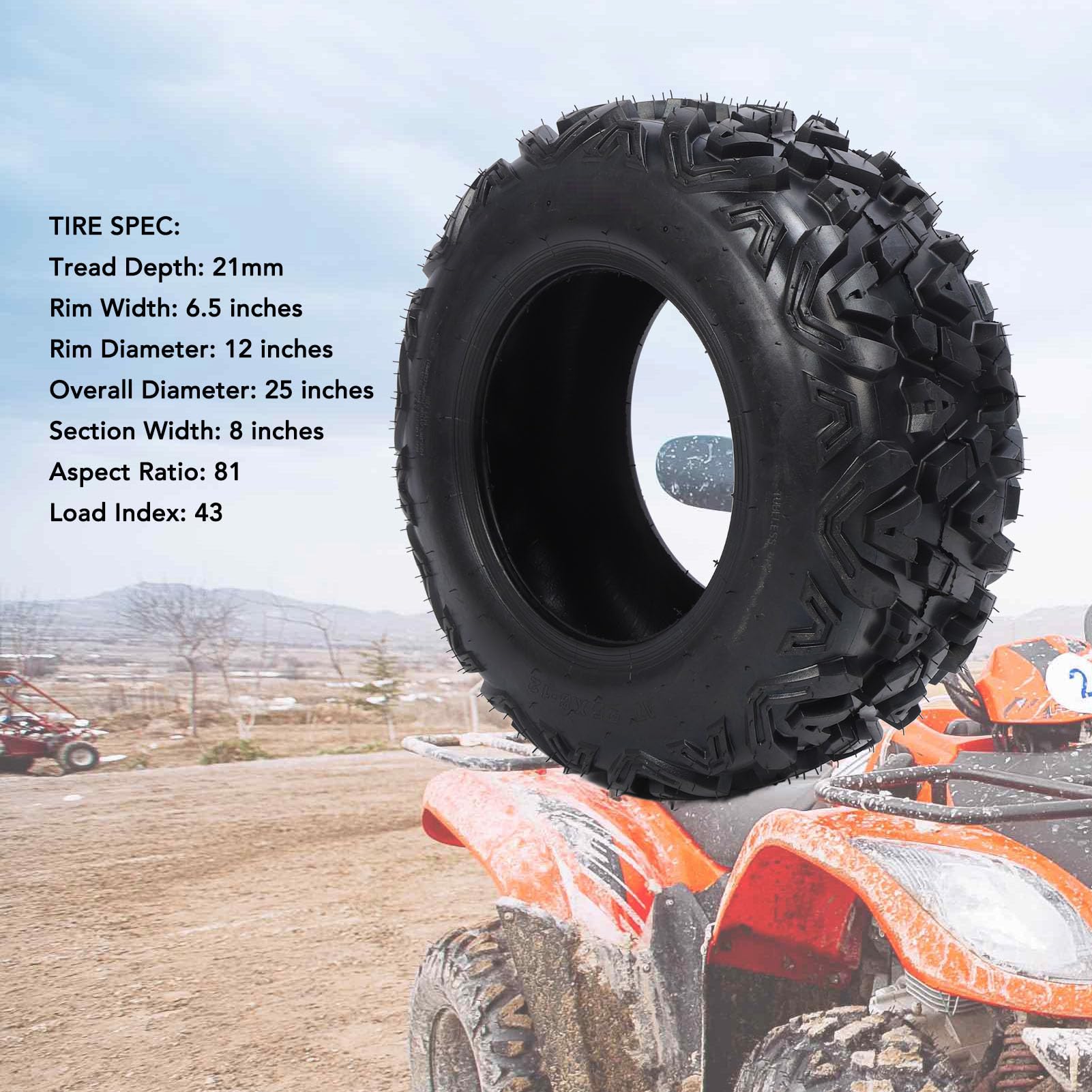 25x8-12 ATV Tibeless Tireless 8 Ply Go Kart Pneumatico con Eccellente Trazione per UTV, Carrello da, Tosaerba Prato, Sostituzione di Pneumatici Fuori Strada per, Multi