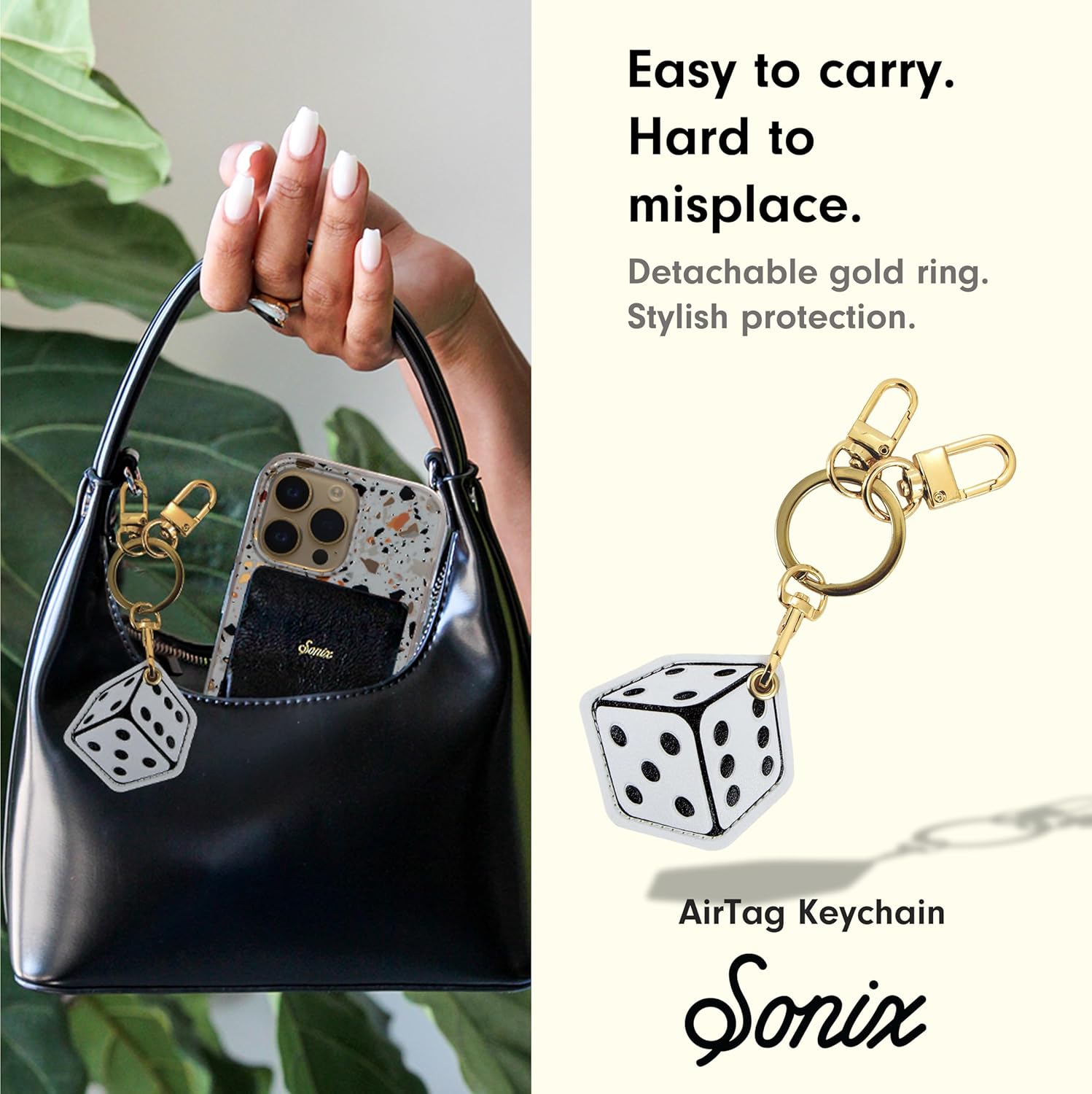 Sonix Dice Keychain Case attached to a handbag