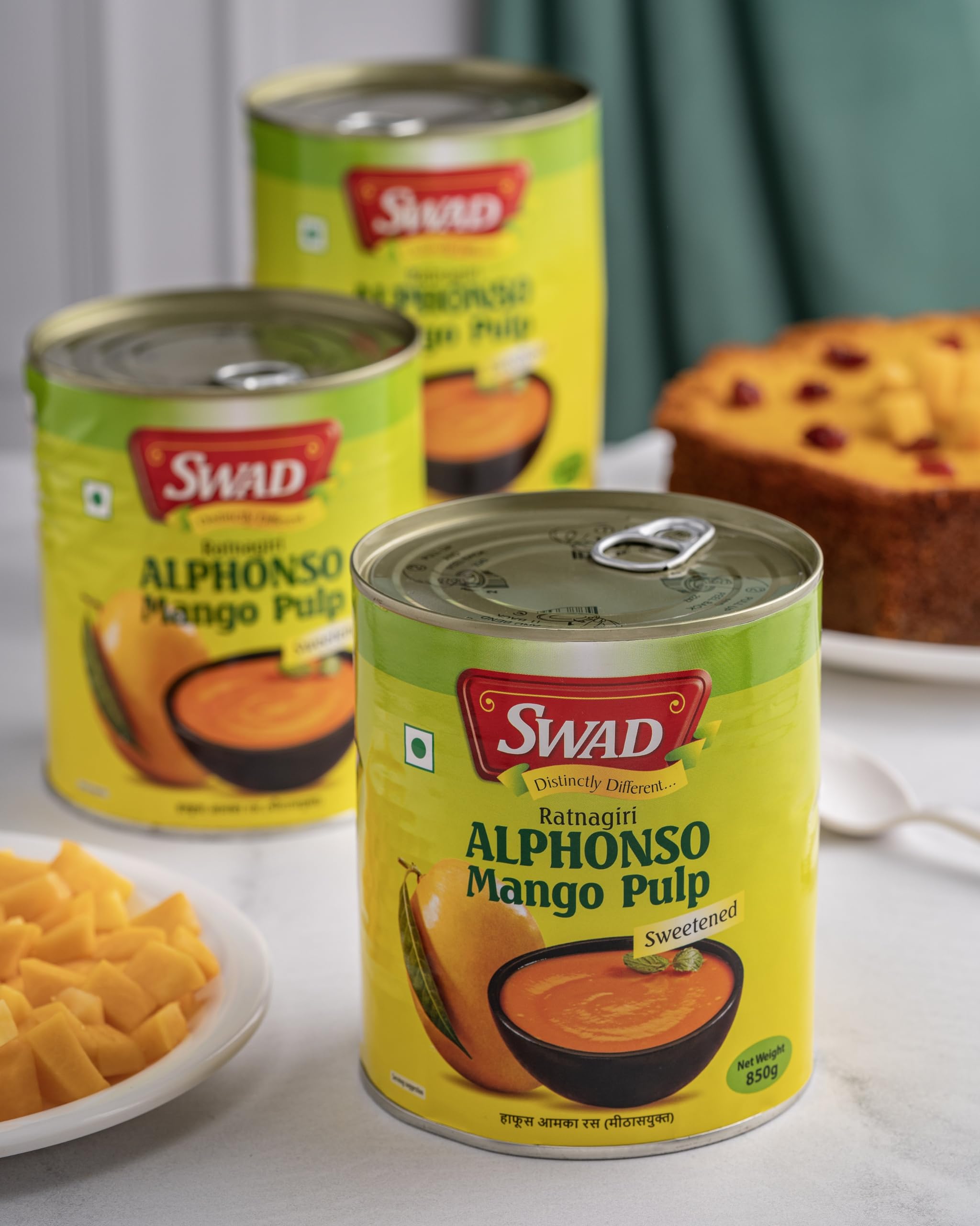 SWAD Ratnagiri Alphanso Pure Mango Pulp/Aamras Tin with No Added Preservative Sweetened-850g, Pack of 3
