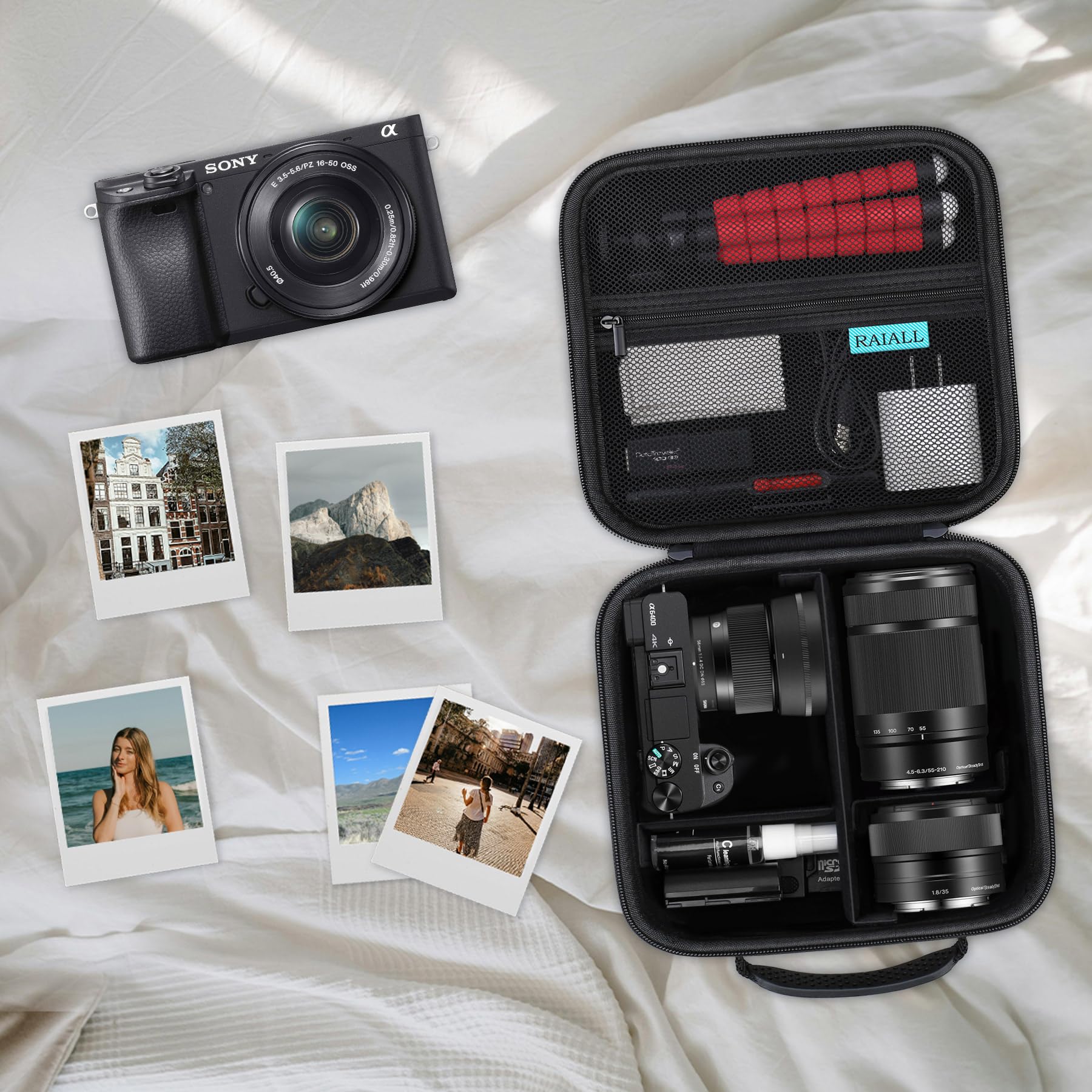 RAIALL Sacoche pour Appareil Photo Sony Alpha a6000/a6100/a6400/a6700/ Sony Alpha 7 II III IV/7R V Appareil Photo numérique sans Miroir et Objectif, Sac de Voyage Rigide pour Appareil Photo, Noir