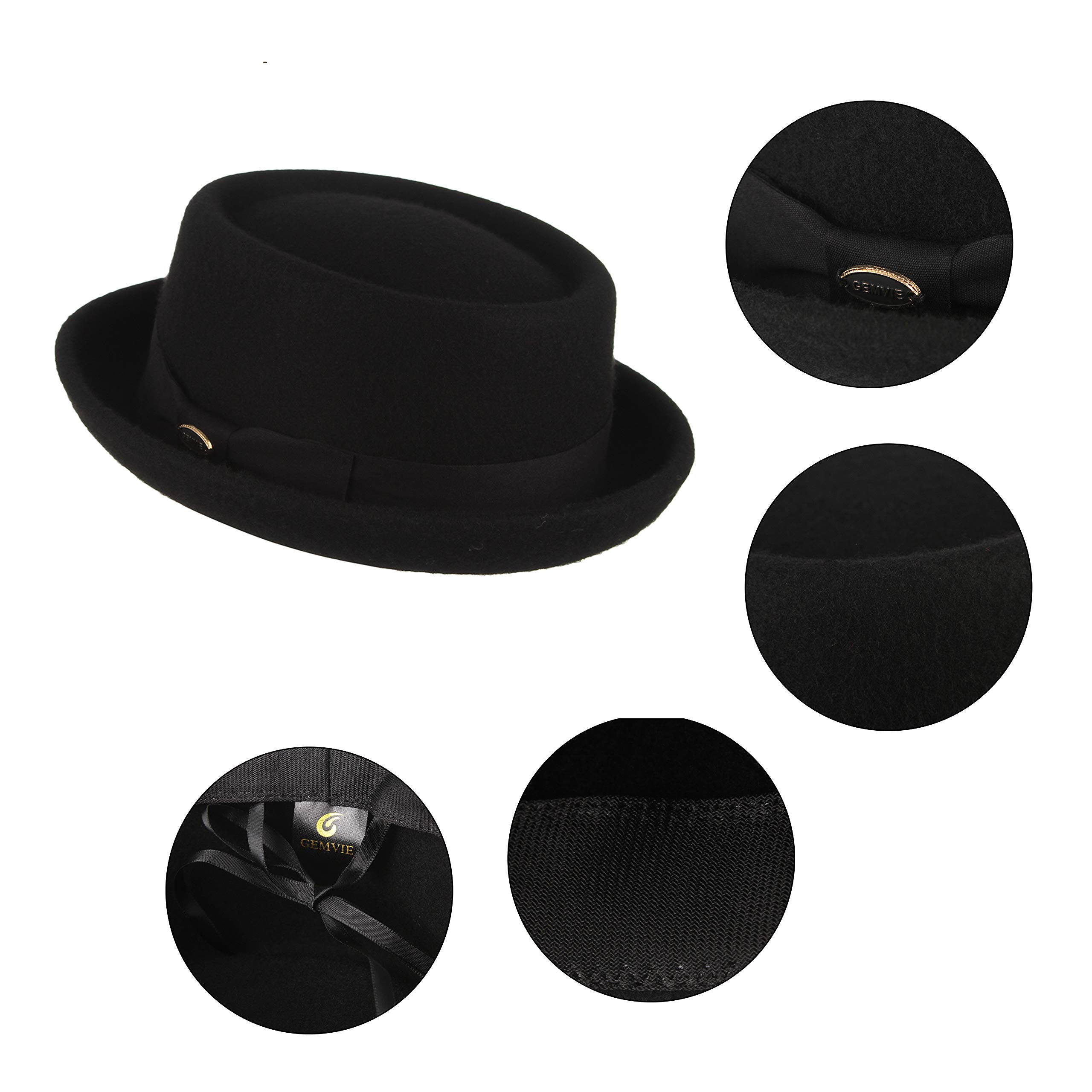 GEMVIE Pork Pie Chapeau pour Homme et Femme 100% Feutre de Laine Chapeau Fedora Trilby Noir Adulte Unisexe Chapeaux Porkpie