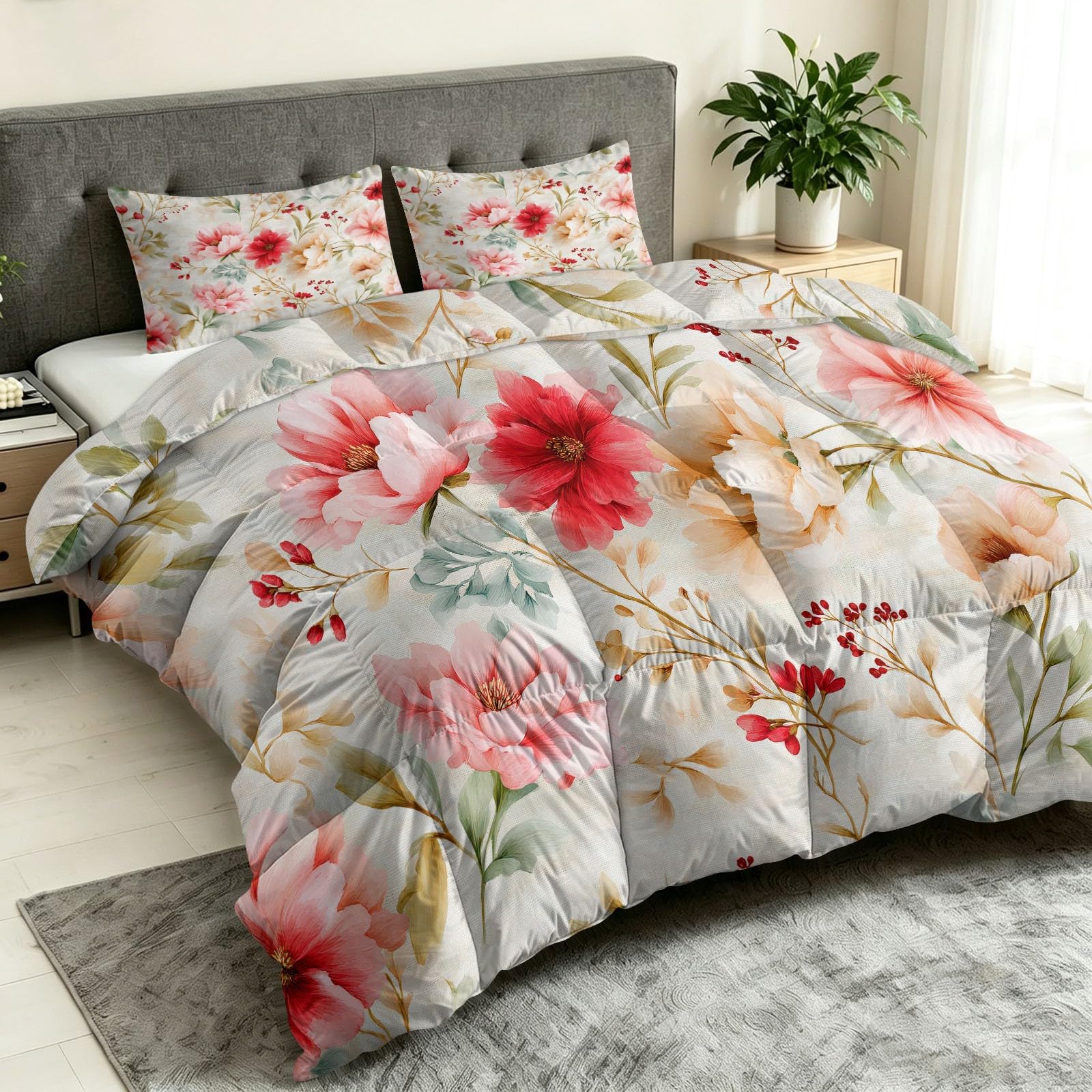 Générique Trapunta senza copripiumino vintage floreale 220 x 240 cm Flower Branch Trapuntato Trapuntato Estivo con 2 Federe Cuscini Bianco Set da Letto Matrimoniale Reversibile Morbido Lavabile in