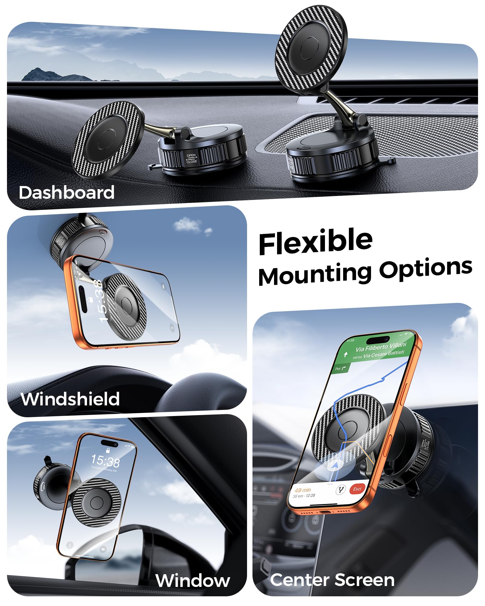 Car Phone Holder for Magsafe – [Carbon Fiber] Phone Mount for Car [Super Strong Magnetic, 360° Adjustable, 108LBS Vacuum Suction] Phone Holders for Your Car, Car Accessories for iPhone 17–12 Series - 4