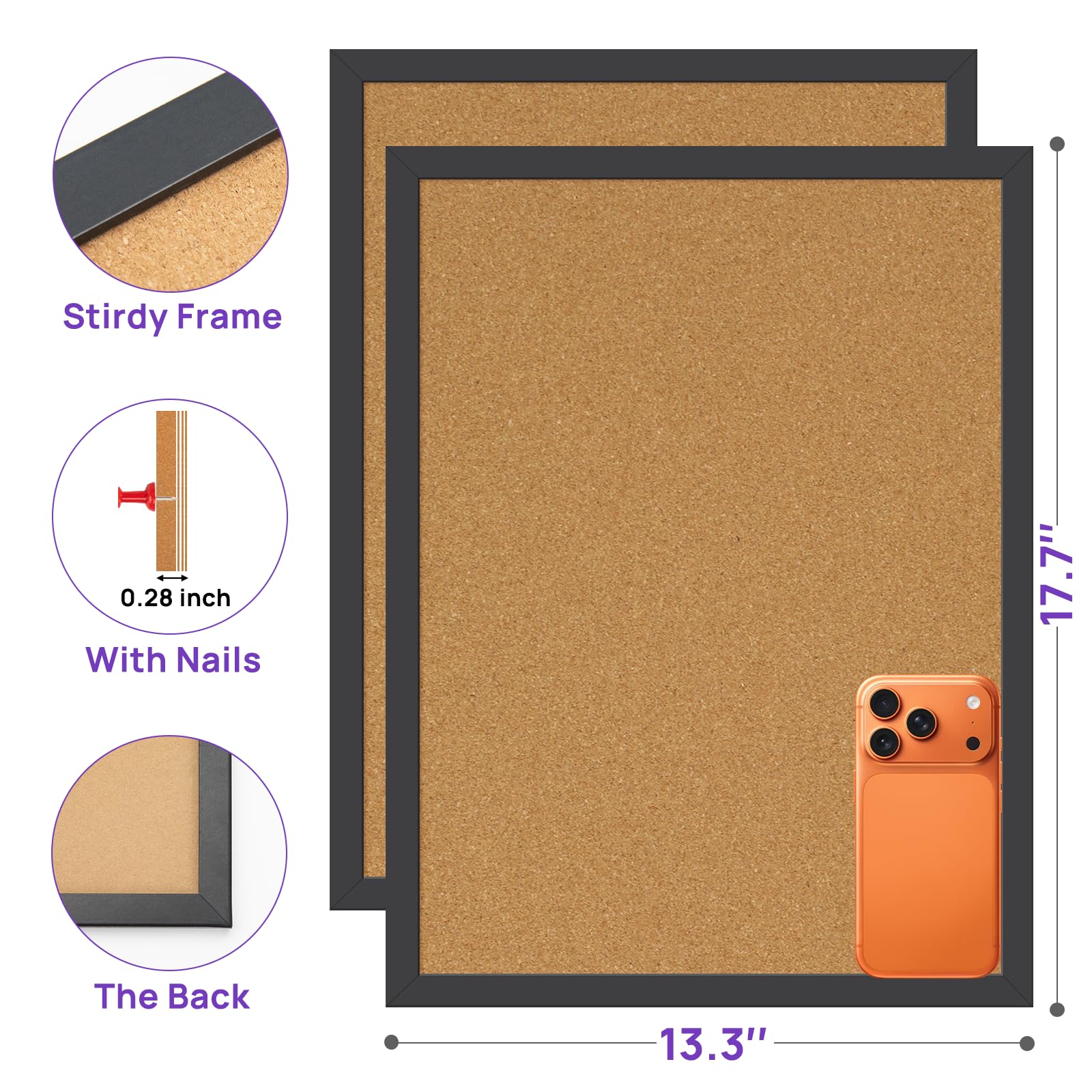 2 Stück Korktafel, 45 x 33,8 cm Pinnwand, gerahmte Korktafel, dekorative Pinnwand zum Aufhängen, Kork-Pinnwand, perfekt für Büro und Heimdekoration, Heimschule Nachrichtenbrett oder Sichttafel