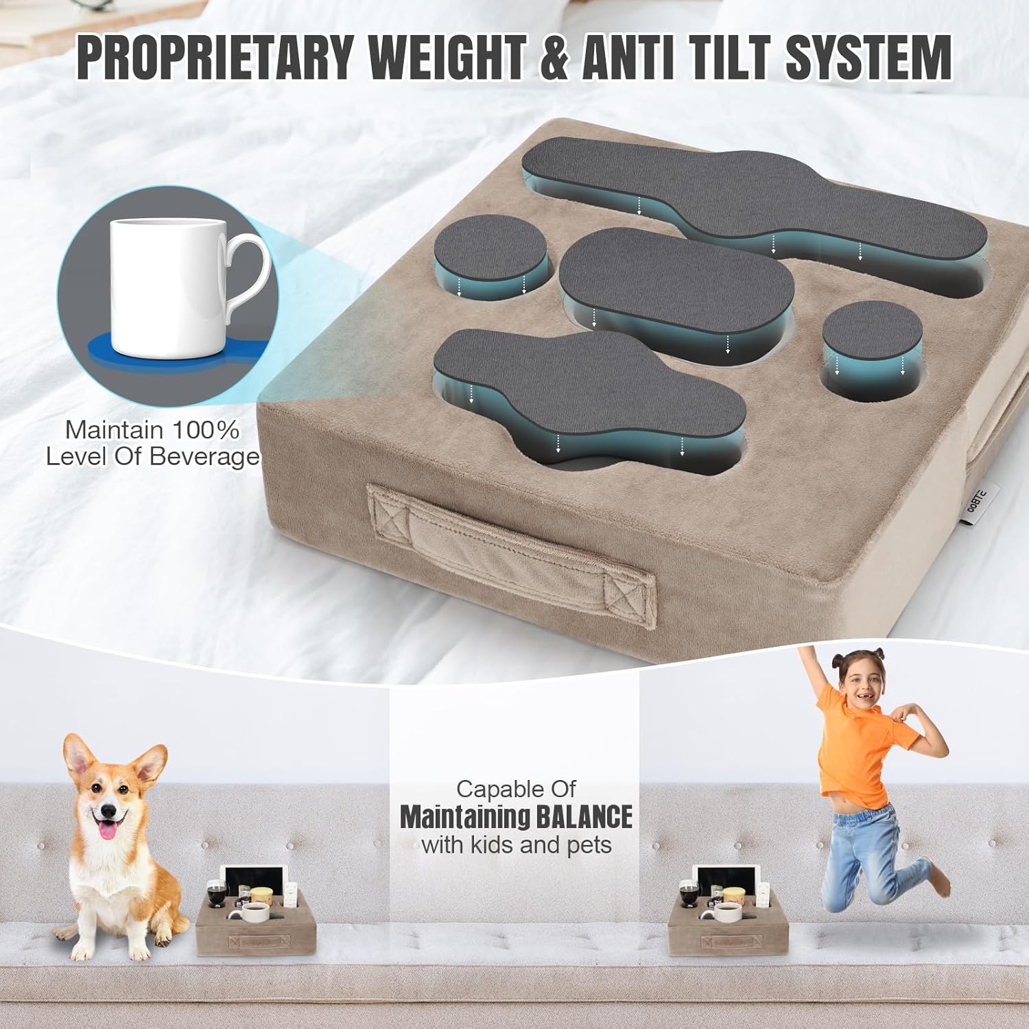 STBoo Couch Cup Holder Pillow Tray - Sofa Drink Cup Holder Cozy Buddy | Bed Caddy Organizer for Remote, Snacks Beverage, Phones, Tablet | Use it on Car, Pack, Beach, RV, Boat, Bedroom (Light Brown)