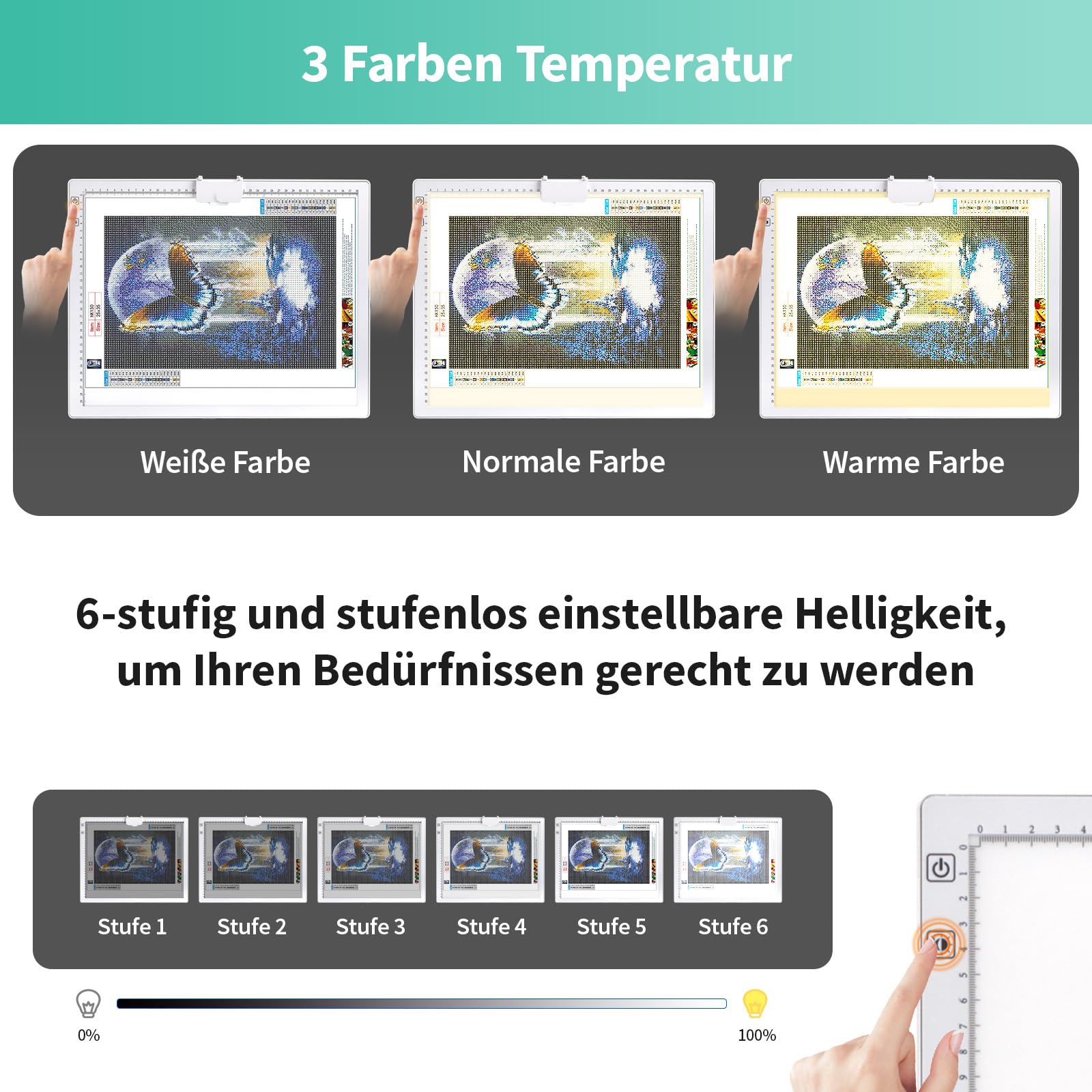 Leuchttisch A3, Tragbares Batteriebetriebene Light Pad, Wiederaufladbare Diamond Painting Leuchttisch mit Ständer, 3 Farben 6 Helligkeitsstufen Leuchtplatte für Abpausen(weiß)