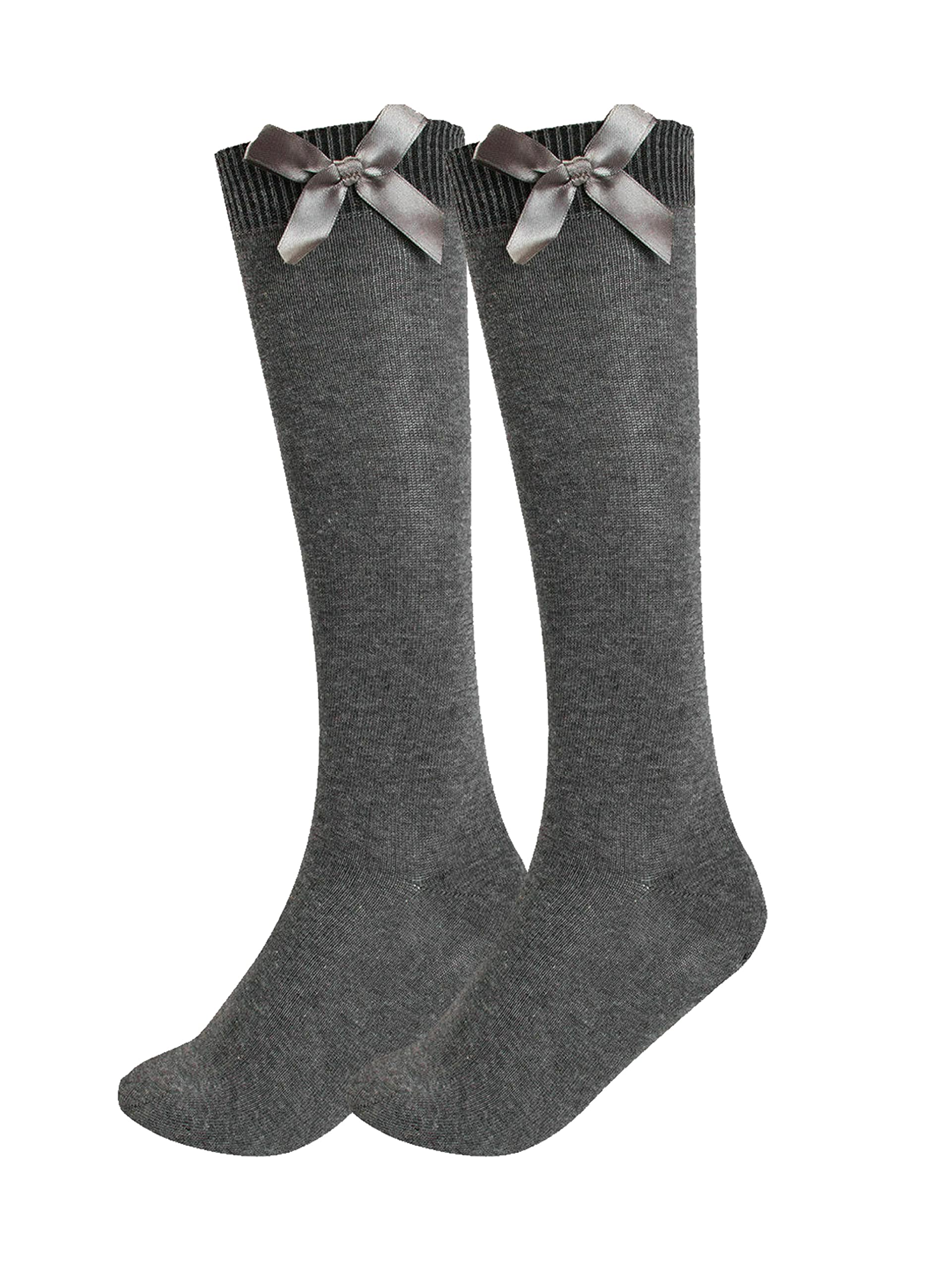 989Zé ENZO Girls Knee High Plain Long School Socks K/HI BOW Grey 9-12