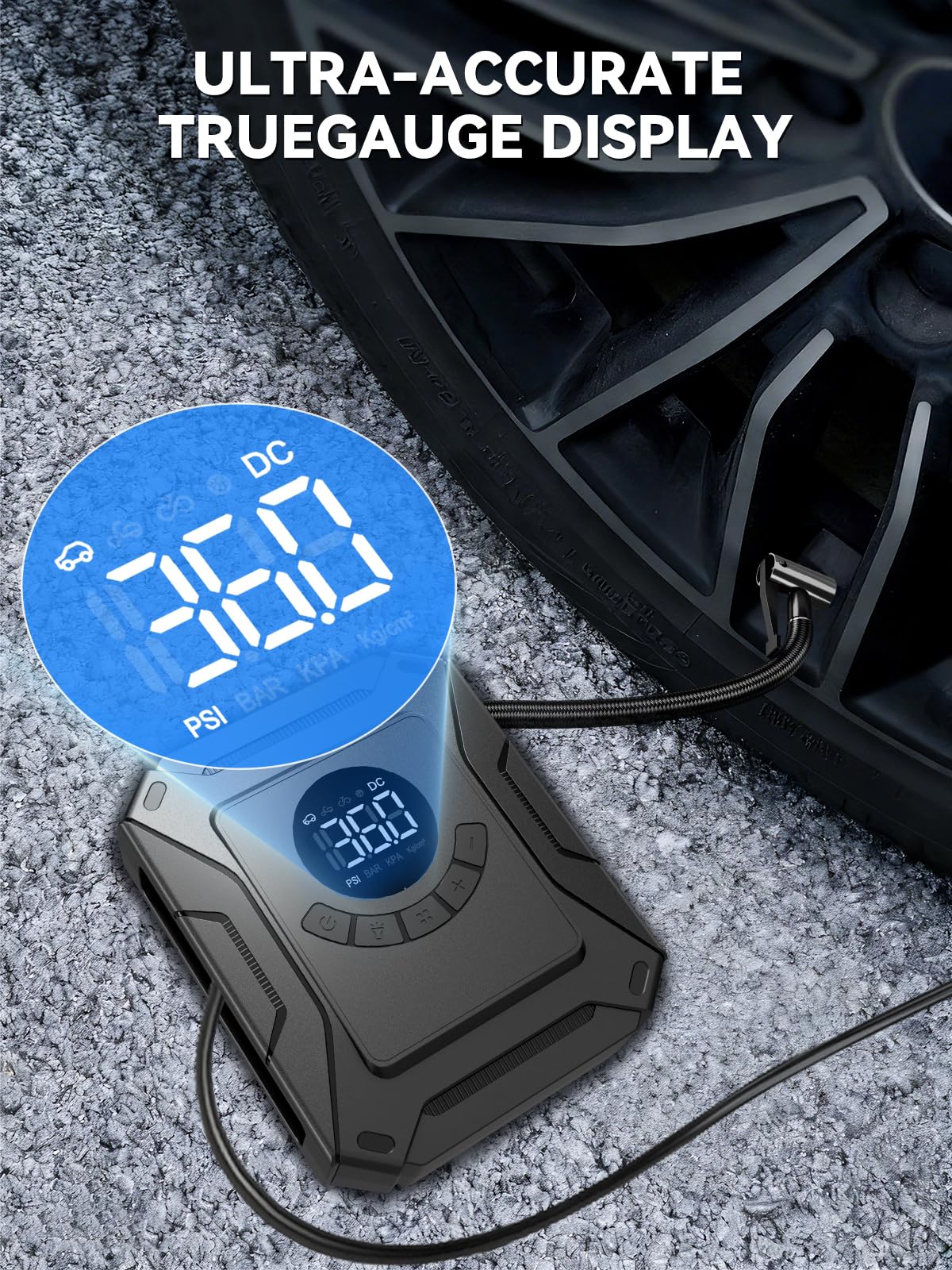 Compresor de aire portátil de inflado rápido, bomba de aire eléctrica de 150 PSI con apagado automático y visualización LED, bomba de aire de 12 V CC para coche, bicicleta, motocicleta