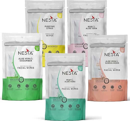 Nesta Wet Wipes, Daily Cleansing Refreshing and Moisturizing Wet Facial Wipes – Rose, Lemon, Mint, Cucumber, Sandalwood with Goodness of Aloevera, Antiacne (10 Count Each, Pack…