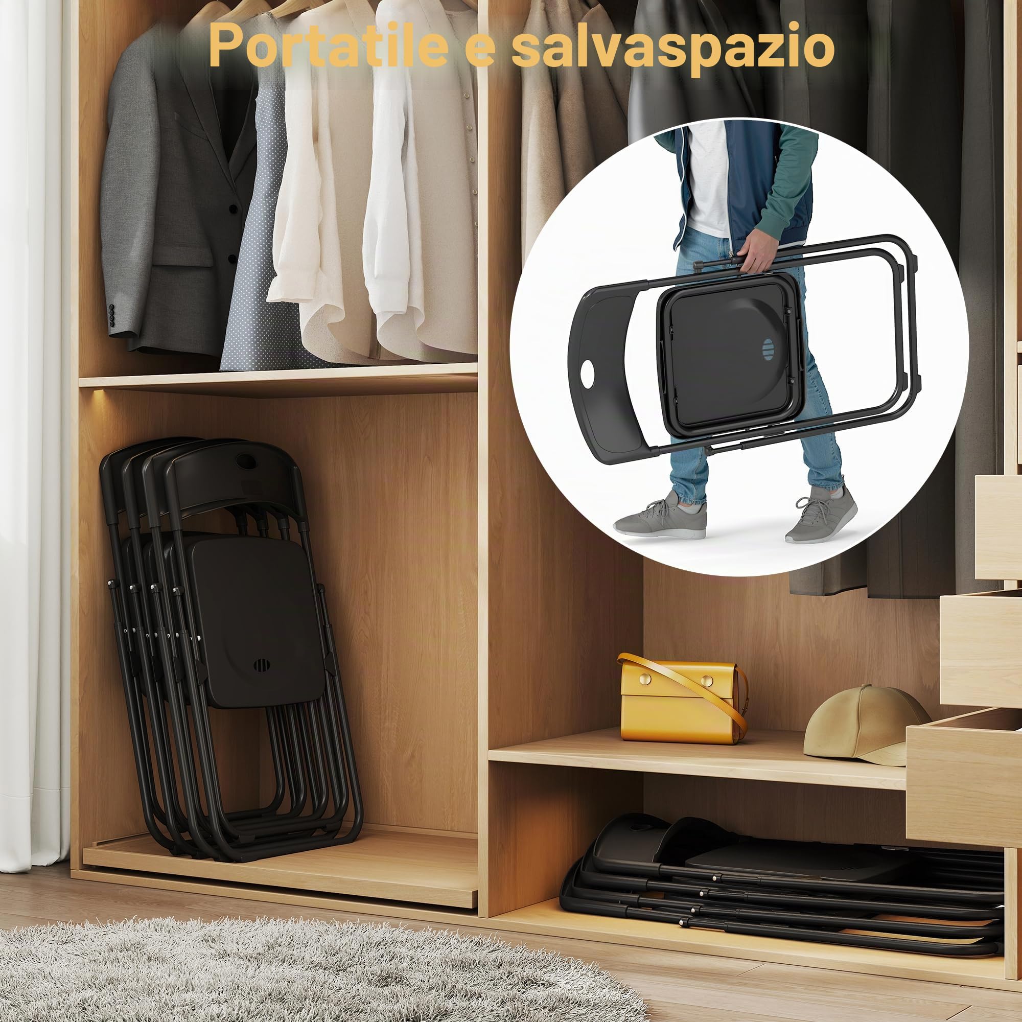 Sedie Pieghevoli di Plastica con Robusto Telaio in Acciaio, Portata Fino a 160 kg, Sedia Pieghevole per Soggiorno, Esterno, Campeggio, Balcone, Cucina, Ufficio, Set di 6, Nero