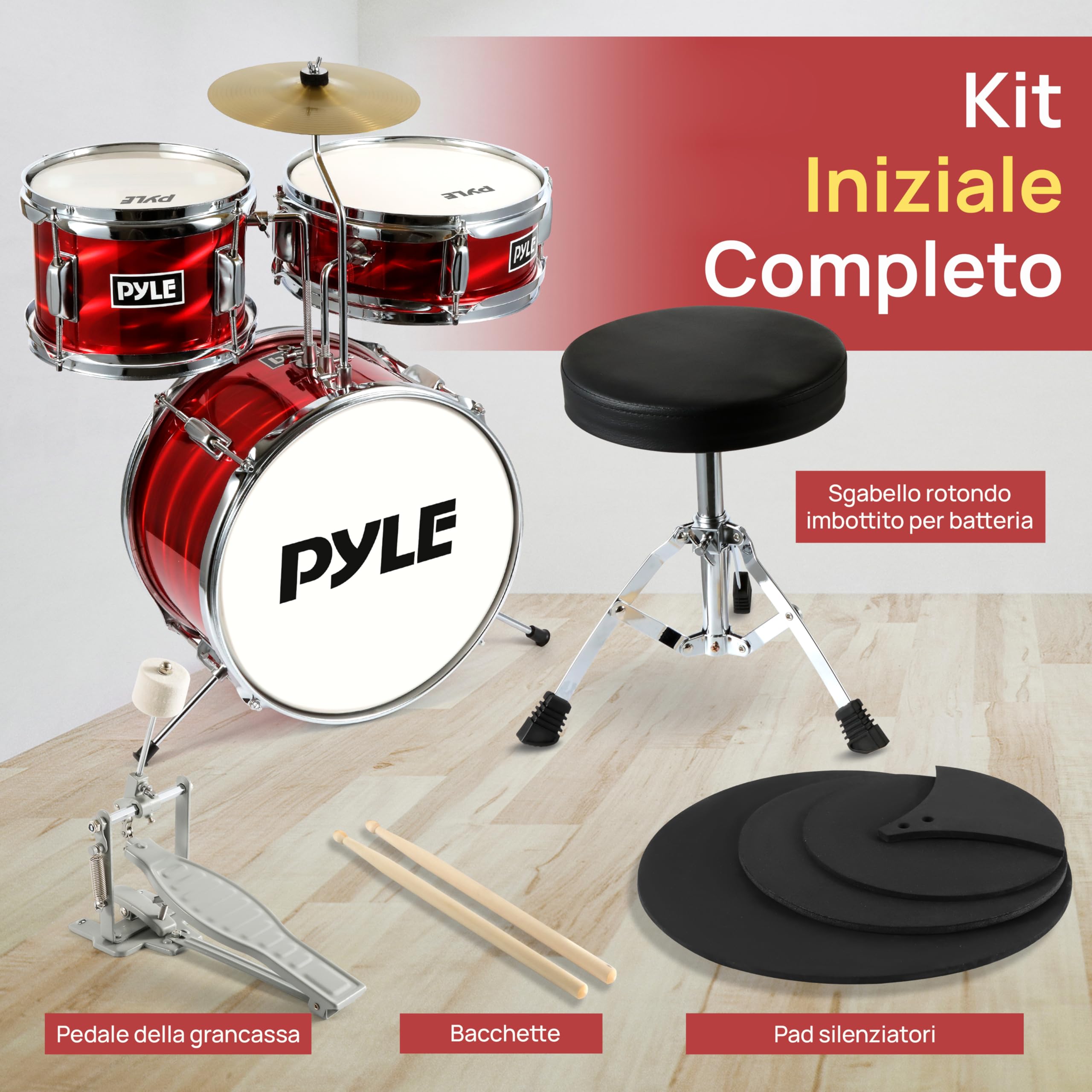 Pyle Set di Batteria per Bambini, Kit Iniziale 3 Pezzi con Grancassa da 33 Centimetri, Rullante, Tom, Piatti e Bacchette Batteria